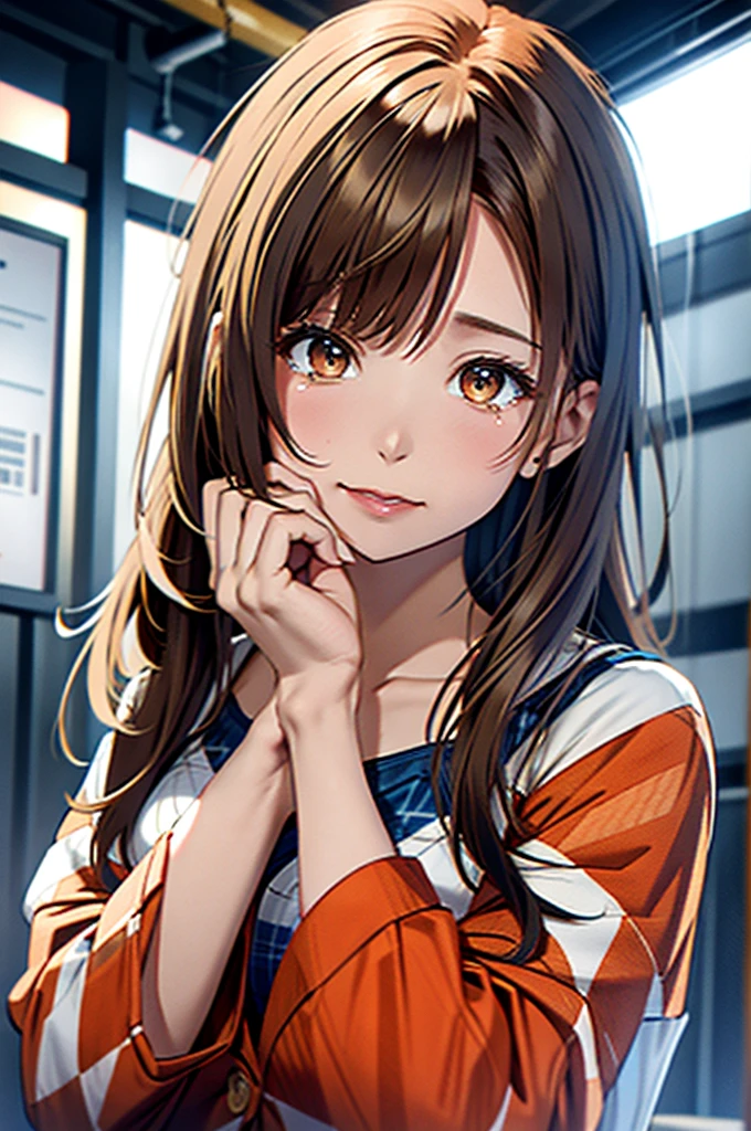 Upper body、oil、masterpiece、Ink painting style、Highest quality、High resolution、orange long hair、orange long hair、Naughty look、(((White and blue plaid bra)))、(((White and blue gingham check)))、Upper body、Female face、is crying、Tears running down my cheeks、 face、Sweaty skin、All backgrounds are white、Side Ponytail、((Side Tail Hair))、Touching your head with your hands