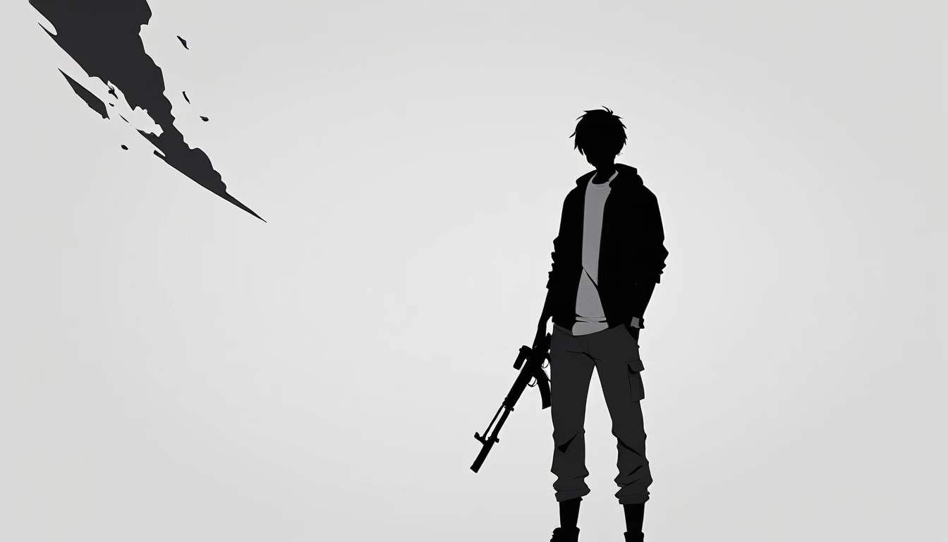High-resolution anime digital art, Genderless Man, War Survivor Ruin background wearing casual clothes without weapons, minimalist black silhouette, clean white background, high resolution, digital art, vector illustration, black and white color palette