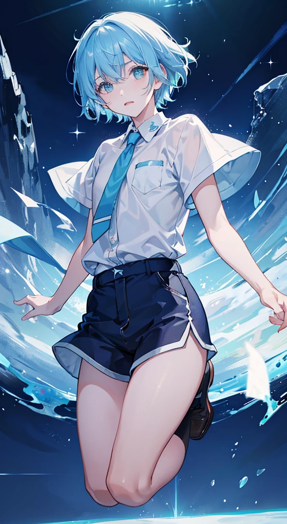 boy, transparent, Jumping, Light blue, Shorts, short hair, sparkle, cinematic lighting, UHD, high details, best quality, highres, 8k