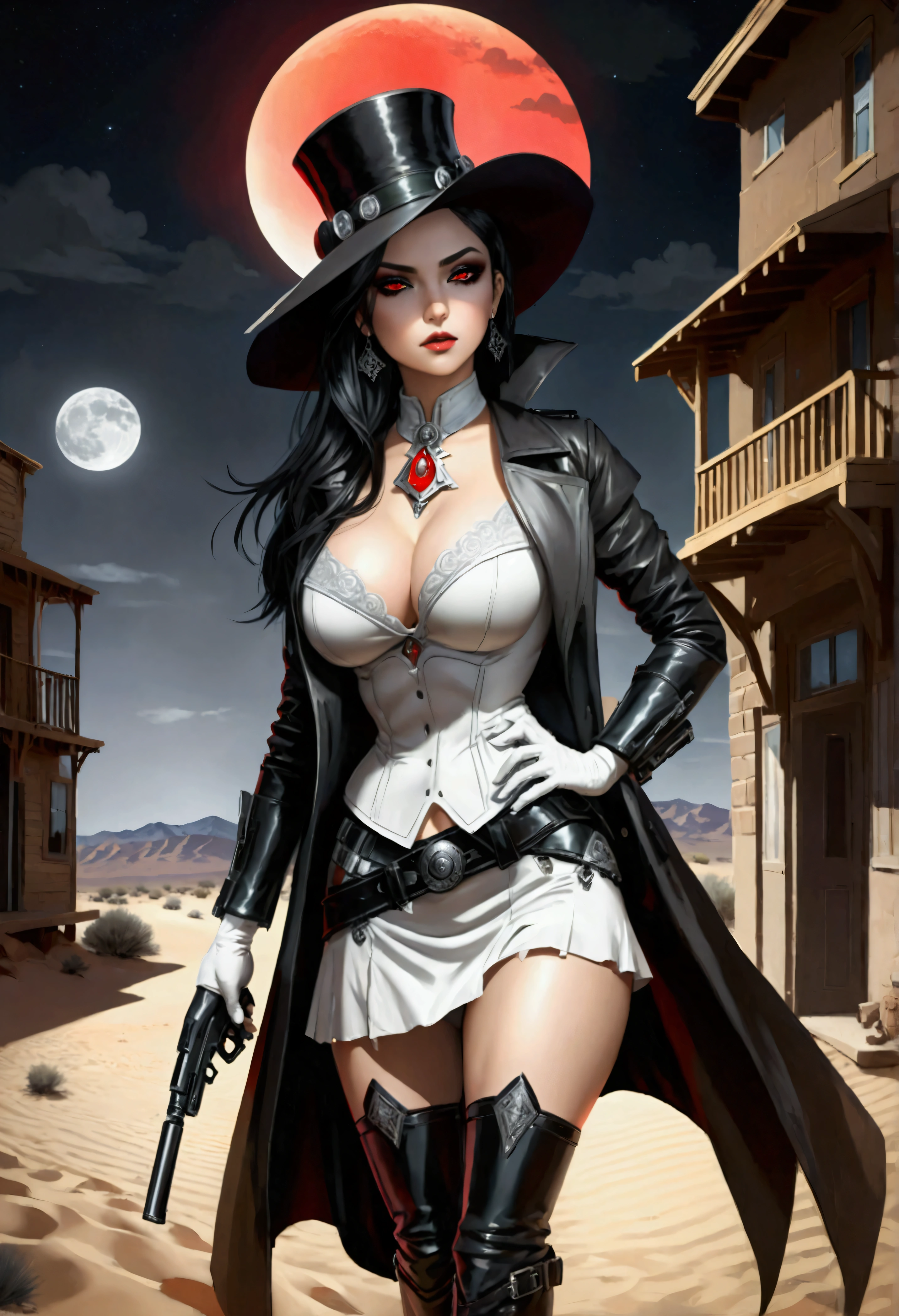 (wild west black and white 19th century photograph style: 1.5) picture of a female vampire cowboy in the desert night, a goth beauty, exquisite beautiful female vampire, ((anatomically correct: 1.5), (ultra detailed face: 1.2), best detailed face, red glowing eyes, full body, busty, wearing white bottom shirt, short skirt, dynamic color. wearing (Gambler Crease hat: 1.2), wearing high heeled boots, wearing open black trench coat, flowing trench coat, (pistol in a holster: 1.1), it is night time in the desert, moon light. moon rays, west America desert canyon background, Hyperrealism style, vibrant, Ultra-high resolution, High Contrast, (masterpiece:1.5), highest quality, Best aesthetics), best details, best quality, highres, ultra wide angle, 16k, [ultra detailed], masterpiece, best quality, (extremely detailed) RAW, chumbasket art style, rpg portrait photograph,