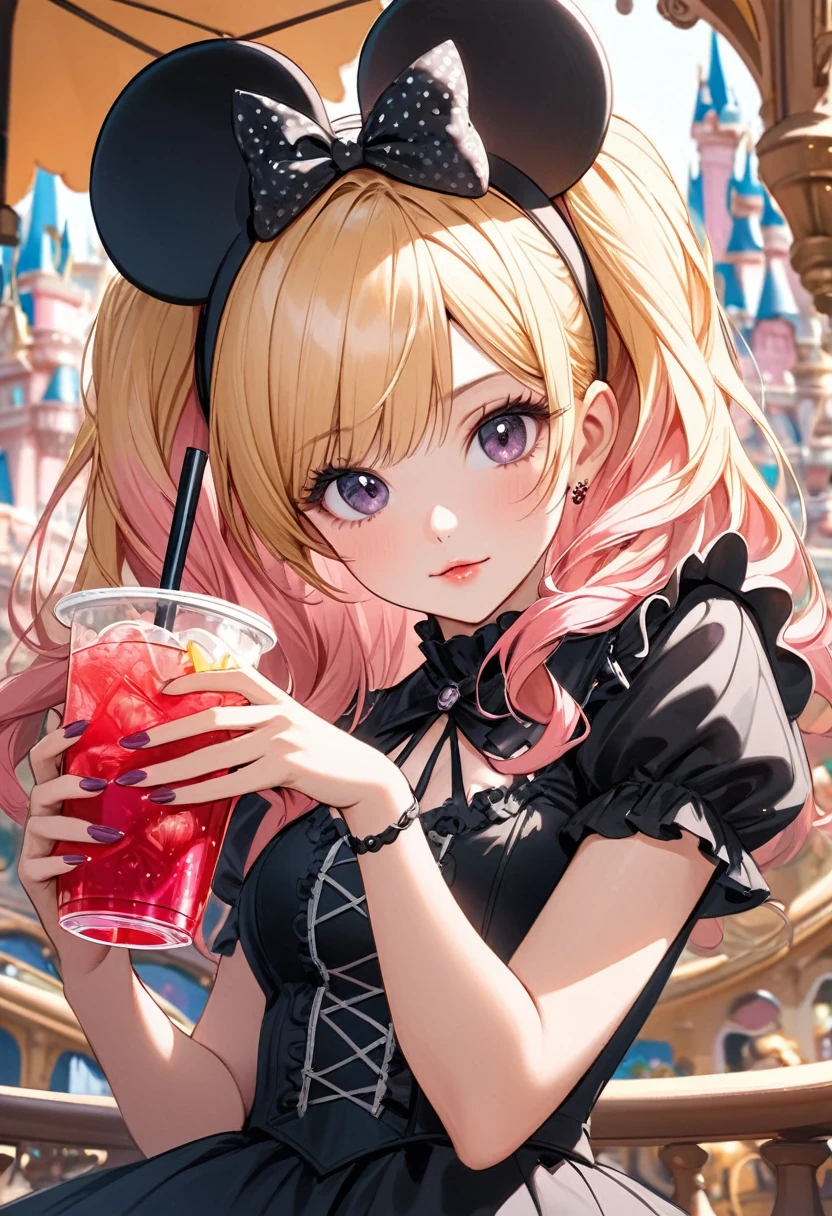 A beautiful girl wearing a Minnie Mouse ears headband, black gothic lolita outfit, one person, pink hair and long blonde hair, holding a stylish drink with a straw, delicate facial structure, perfect hand angle, background is inside Disneyland