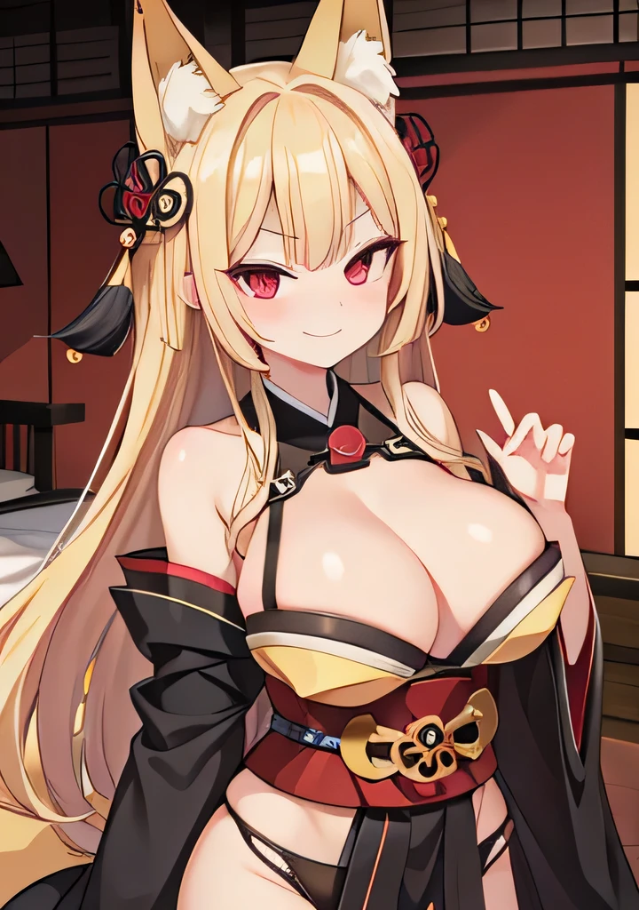 highest quality、Smirking face、Red Eye、Big breasts、belly button、Fox ears、Long blonde、Kimono、Black Pantty、Japanese-style room