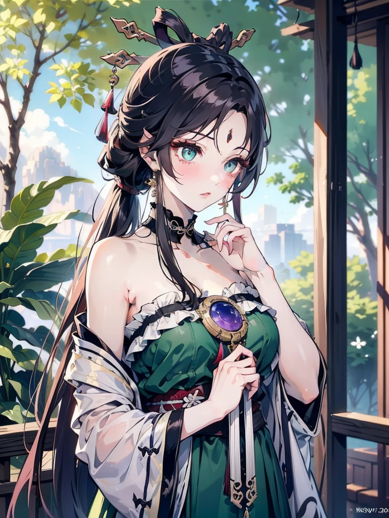 {{{masterpiece}}}, {{{best quality}}}, {{Extremely detailed}}, {light}, {illustration}, {Beautiful and delicate eyes}, {1 Girl}, Extremely detailed, 1 Girl, Solitary, A beautiful samurai warrior, Black hair tied into a long ponytail, Wear a graceful figure, For the audience, outdoor, Woodland Background, Very detailed face and clothing, Slightly narrowed eyes, Perfect face, White skin, Hair bangs, Long hair, Noble and beautiful, Surreal 8K, CG, Flawless, Seductive expression, Intricate details, 22-year-old girl wearing chiffon Chinese long skirt, Best quality, Realistic photos,Light green dress, beautiful hairpins and jewelry hanging in the hair