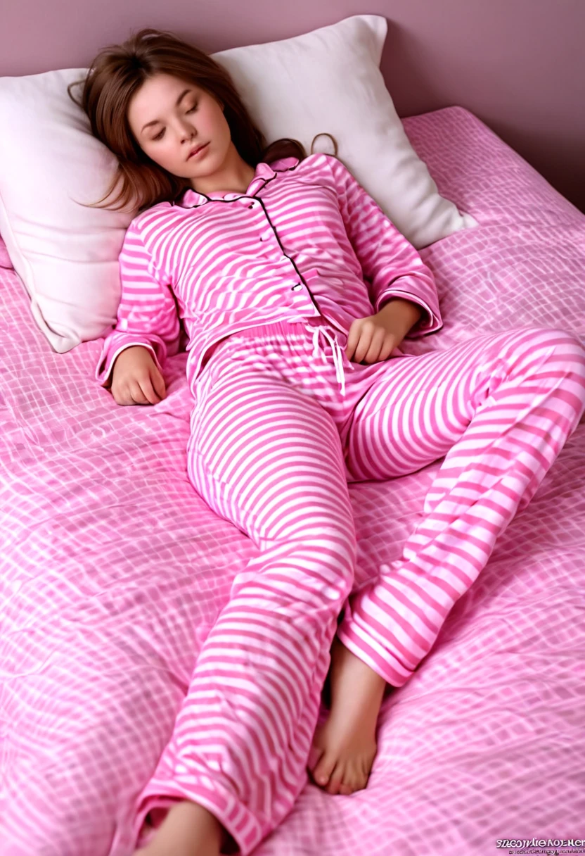 Sleeping girl, 22 years old, realistic, she is wearing long pants, she is wearing pink pajama, brown hair.