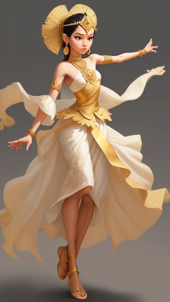 prompt: A man in traditional Cambodian attire, Pixar-style. Facing 45 degrees with arms slightly open down straight from the body with eyes open. Gold and white one-shoulder top with embroidery, matching long skirt, gold jewelry, headpiece, earrings, bracelets, anklets, elegant updo. Neutral background, whimsical and vibrant style, showing the entire body with legs and shoes