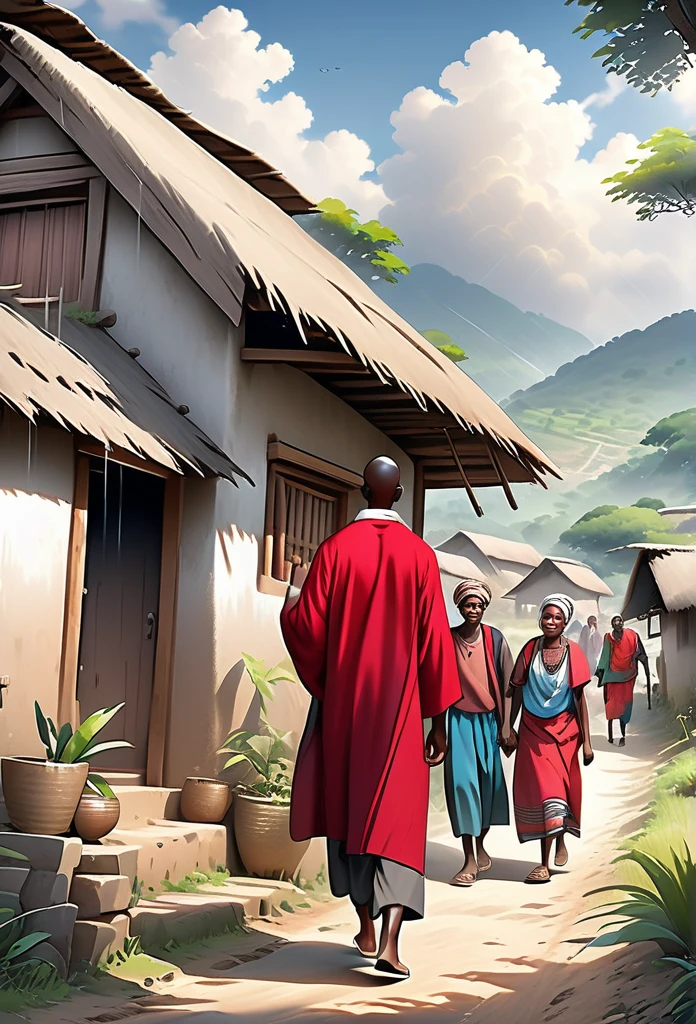 Ultra Realistic, Highly Defined Details, African tribal Family Black, Young adult 18year old leaving the village, family saying goodbye, villagers waving goodbye, Young 18 year old male, in a red cloak, Crimson Decor, Sunlight to Capturing the Mode, Young African  Villager,  sitting in shady grey area, looking sad, rain clouds, l leaving the Village, Mountains behind the Village, walking on the trail, village trail out side view walking, side perspective, leaving the village, waving goodbye, going on a journey, goodbye, has a dagger 