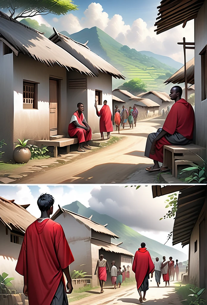Ultra Realistic, Highly Defined Details, African tribal Family Black, Young adult 18year old leaving the village, family saying goodbye, villagers waving goodbye, Young 18 year old male, in a red cloak, Crimson Decor, Sunlight to Capturing the Mode, Young African Villager, sitting in shady grey area, looking sad, rain clouds, l leaving the Village, Mountains behind the Village, walking on the trail, village trail out side view walking, side perspective, leaving the village, waving goodbye, going on a journey, goodbye, has a dagger