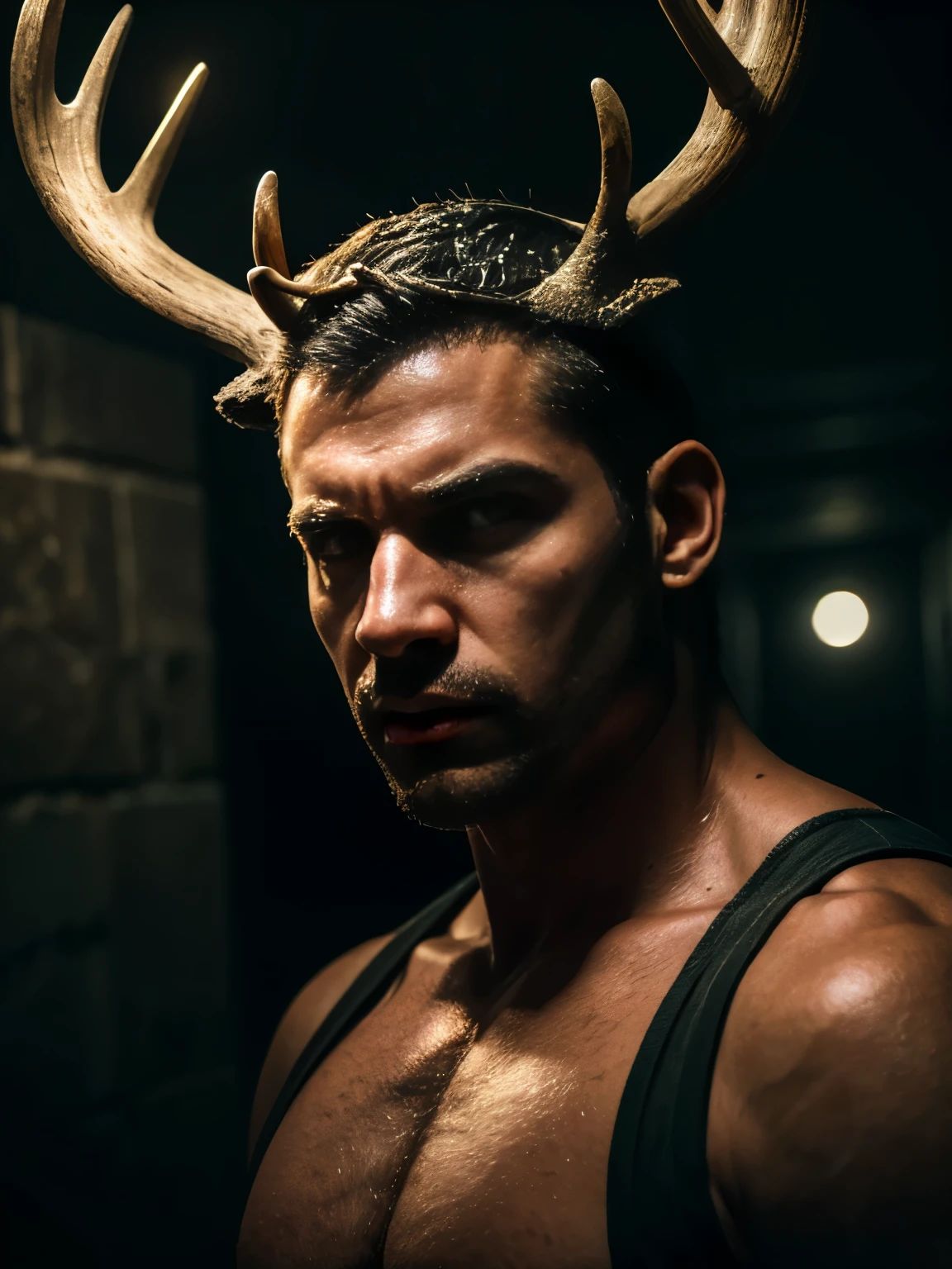 a brutal man with deer antlers on his head, highly detailed face, detailed eyes, detailed nose, detailed mouth, extremely detailed and intricate deer antlers, muscular body, dark and gritty atmosphere, dramatic lighting, cinematic composition, moody colors, dark shadows, photorealistic, 8k, best quality, masterpiece