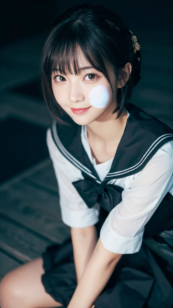 (Highest quality,masterpiece:1.3,Ultra-high resolution),(Very detailed,Caustics,8k),(Realistic:1.4,RAW shooting),1 girl,Sitting,(smile),Looking into the camera,20-year-old,cute,Japanese,Short black hair,(Sailor suit),glamorous,(big ),darkness,Night Sky,,Professional Writing,(Waist up shot),(inclined composition:1.1),(Low position:1.2),(Low Angle:1.2)