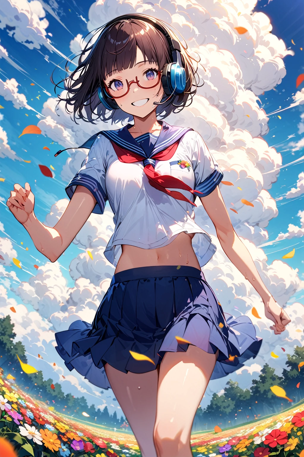(extremely detailed fine touch:1.3), (((semi-rimless eyewear:1.3))), (headphone:1.2), short hair, blunt bangs, 1  girl, solo, jogging, smile, serafuku, short sleeves, mini skirt, midriff, (hyper-detailed, flower field:1.2), (hyper-detailed cumulonimbus clouds:1.3), leaves, sweat droplets,
petals,