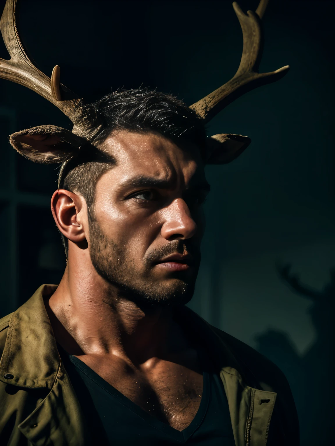 a brutal man with deer antlers on his head, highly detailed face, detailed eyes, detailed nose, detailed mouth, extremely detailed and intricate deer antlers, muscular body, dark and gritty atmosphere, dramatic lighting, cinematic composition, moody colors, dark shadows, photorealistic, 8k, best quality, masterpiece