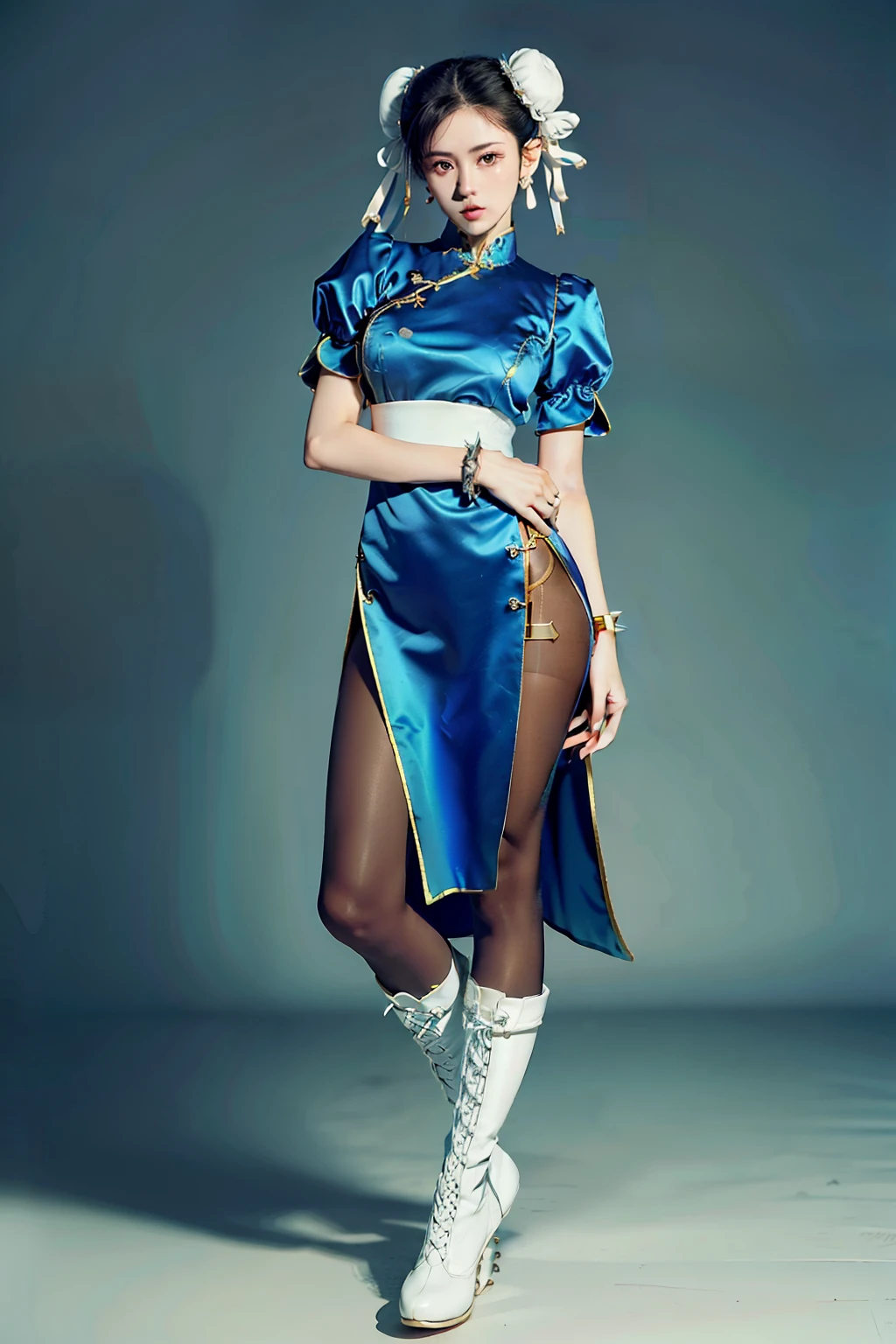 (RAW shooting, Photoreal:1.5, 8k, highest quality, masterpiece, ultra high resolution), perfect dynamic composition:1.2, Highly detailed skin and facial textures:1.2, chunli:1, beautiful and aesthetic:1.2, sexy beauty, perfect style, belief, Strong-willed, revenge, Fair skin, very beautiful face, (wearing a sexy china dress:1.2), (beautiful eyes, Eyes that feel beautiful eros:1.0), (Too erotic:0.9, Bewitching:0.9), (full body photo:1.4), (perfect limbs:1.2), (perfect fingers:1.2),(Bun head,bun cover,boots, bracelet, brown pantyhose, chinese clothes, cross-laced footwear, dress, gold trim, jewelry, pantyhose, pelvic curtain, puffy sleeves, sash, short sleeves, side slit, spiked bracelet, spikes and white footwear,large breast:2,chest gap),(simple background:1.4),(knees together),(standing:1.4),