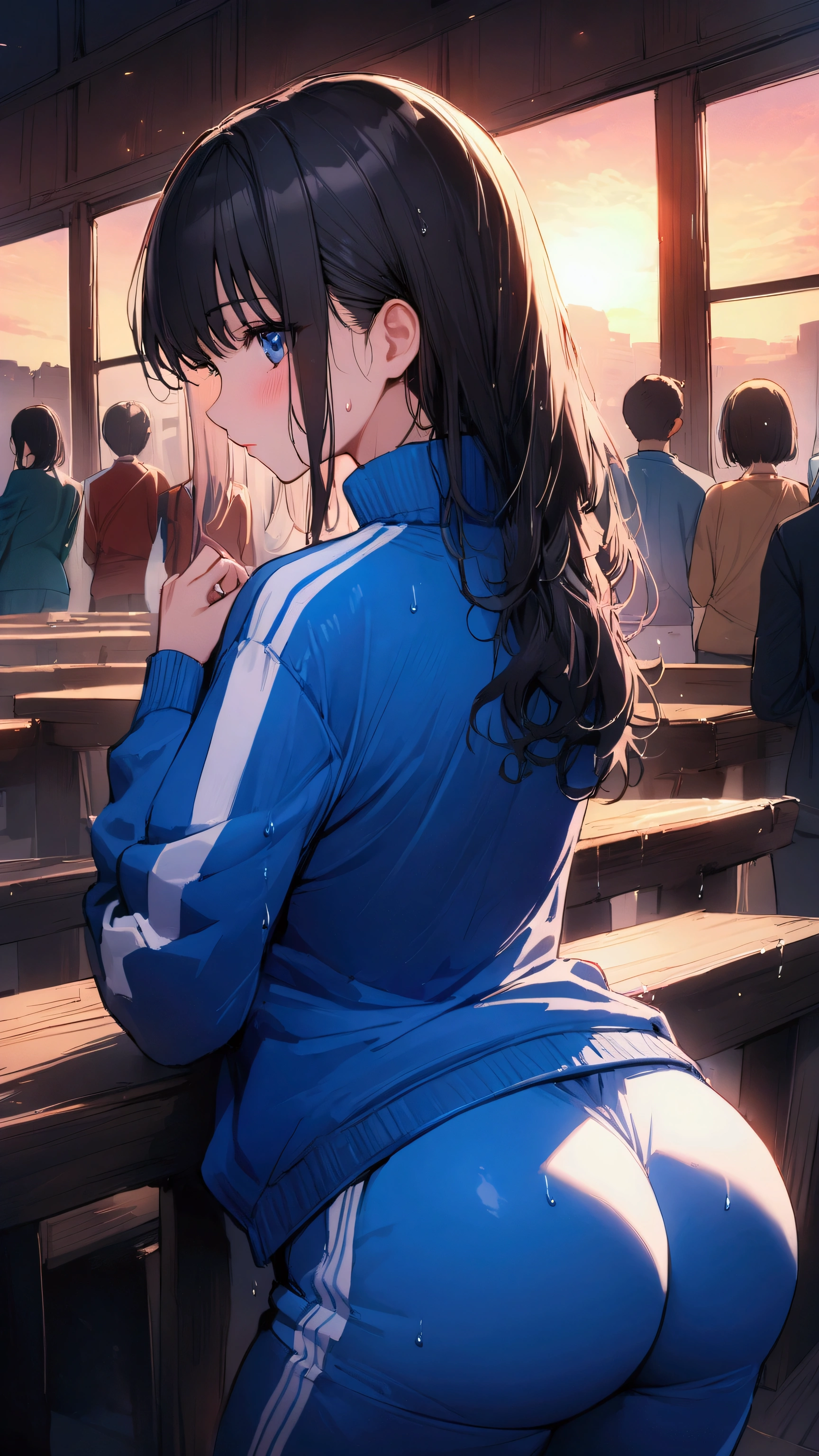 masterpiece, Highest quality, Ultra-high resolution, (beautiful girl: 1.3), Black Hair, Straight hair、short hair、Looks like a 、 (Blue sweatpants: 1.2), (The jacket is a blue track jacket.: 1.2), back view、Big and shapely ass、The schoolyard where the sunset is dazzling、A little wet、Focus on the big, beautifully shaped butt