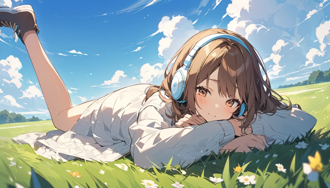 Brown-haired girl wearing headphones、Clouds in the blue sky - Background of clouds in the blue sky、Relaxed facial expression、Casual clothing、Lying on the grass with hands under head
