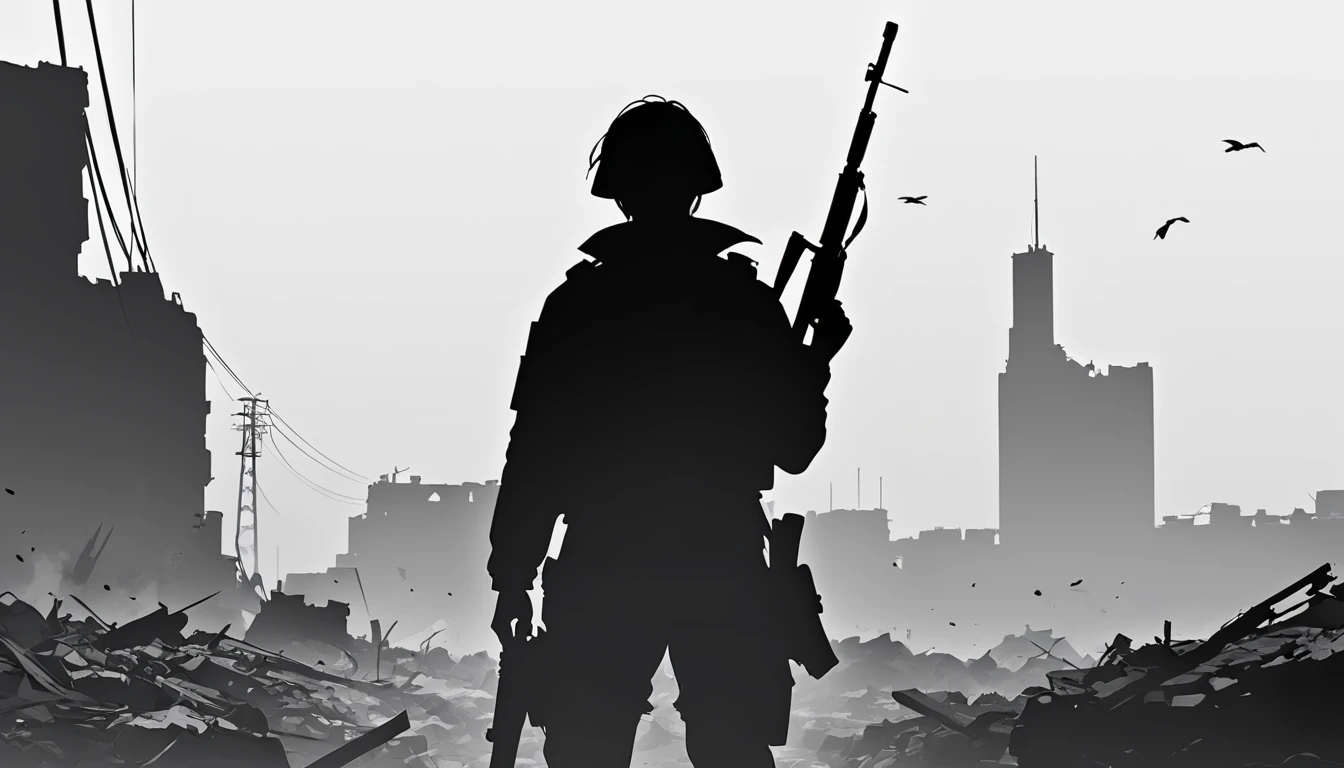 High-resolution anime digital art, Man, Civilian War Survivor Ruin background without weapons, minimalist black silhouette, clean white background, high resolution, digital art, vector illustration, black and white color palette