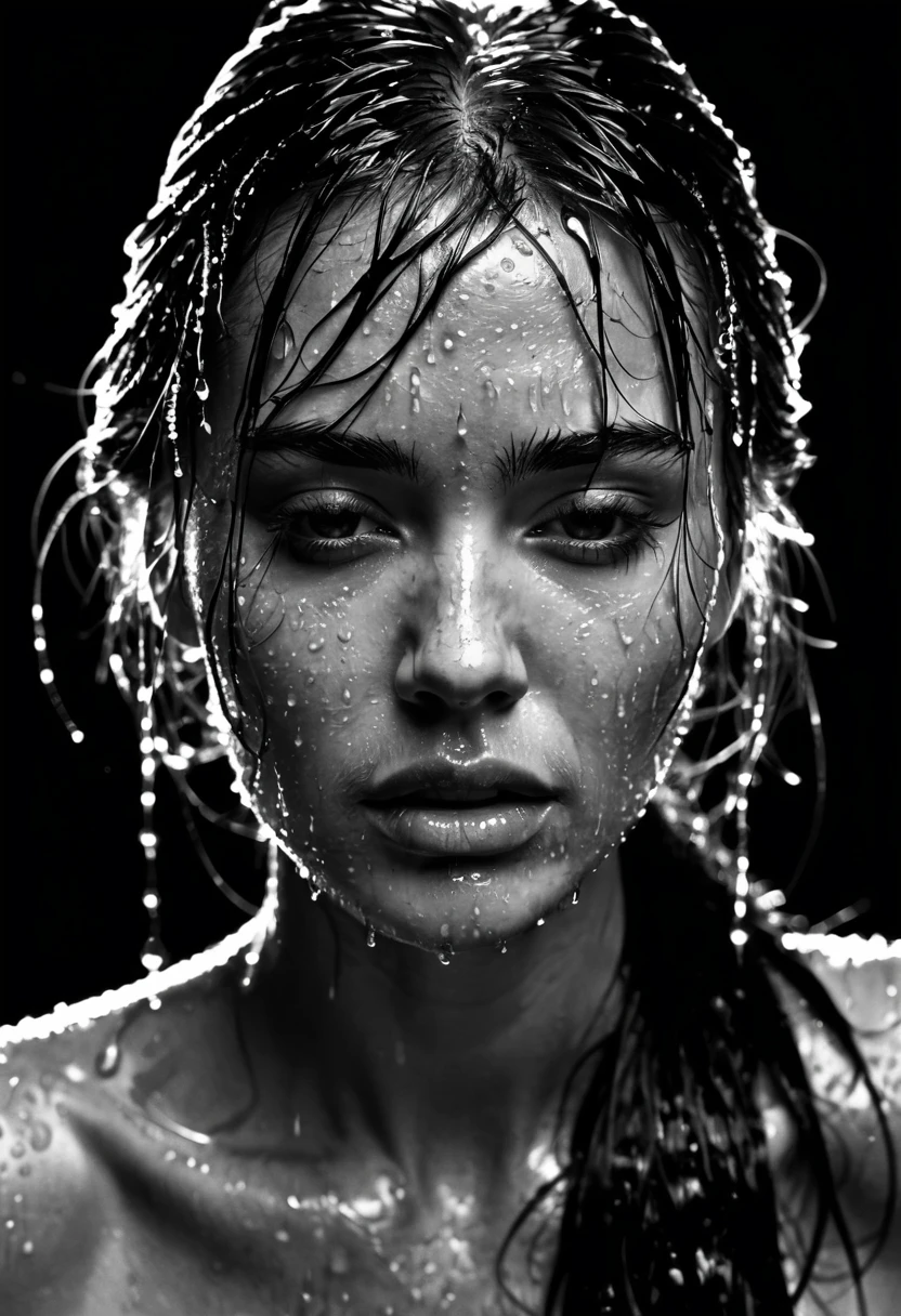 a close up of a woman with wet hair and a black background, crying fashion model, photography of albert watson, tears dripping from the eyes, wet dripping hair, awesome and moody, by irakli nadar, tears running down face, 8k artistic portrait photography, rain drops on face, black and white artistic photo, sultry expression, emotive portrait, close up, face portrait, macro lens, 100mm 1.8, dramatic pose, award winning portrait, crystal clear, micro-details