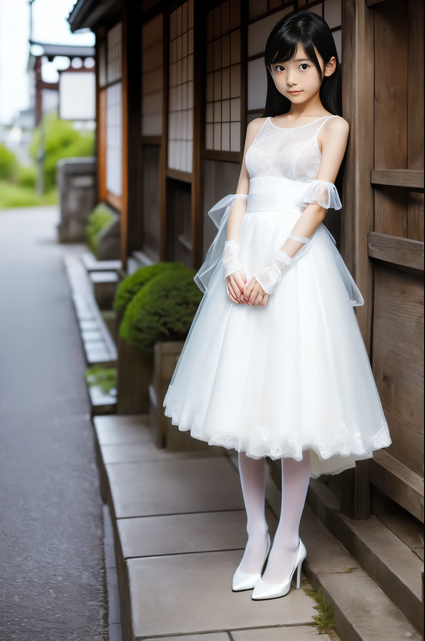 (A -yeld Jaese girl with a slender body, medium breasts, and a very cute baby facebeing 13 years old.:1.5)portrait:1.5),very narrow waist,Pure white sheer long camisole,Pure white garter stockings,Pure white lace gloves,Pure white high heels,standing with nothing,A girl who desperately put up with pee,from below