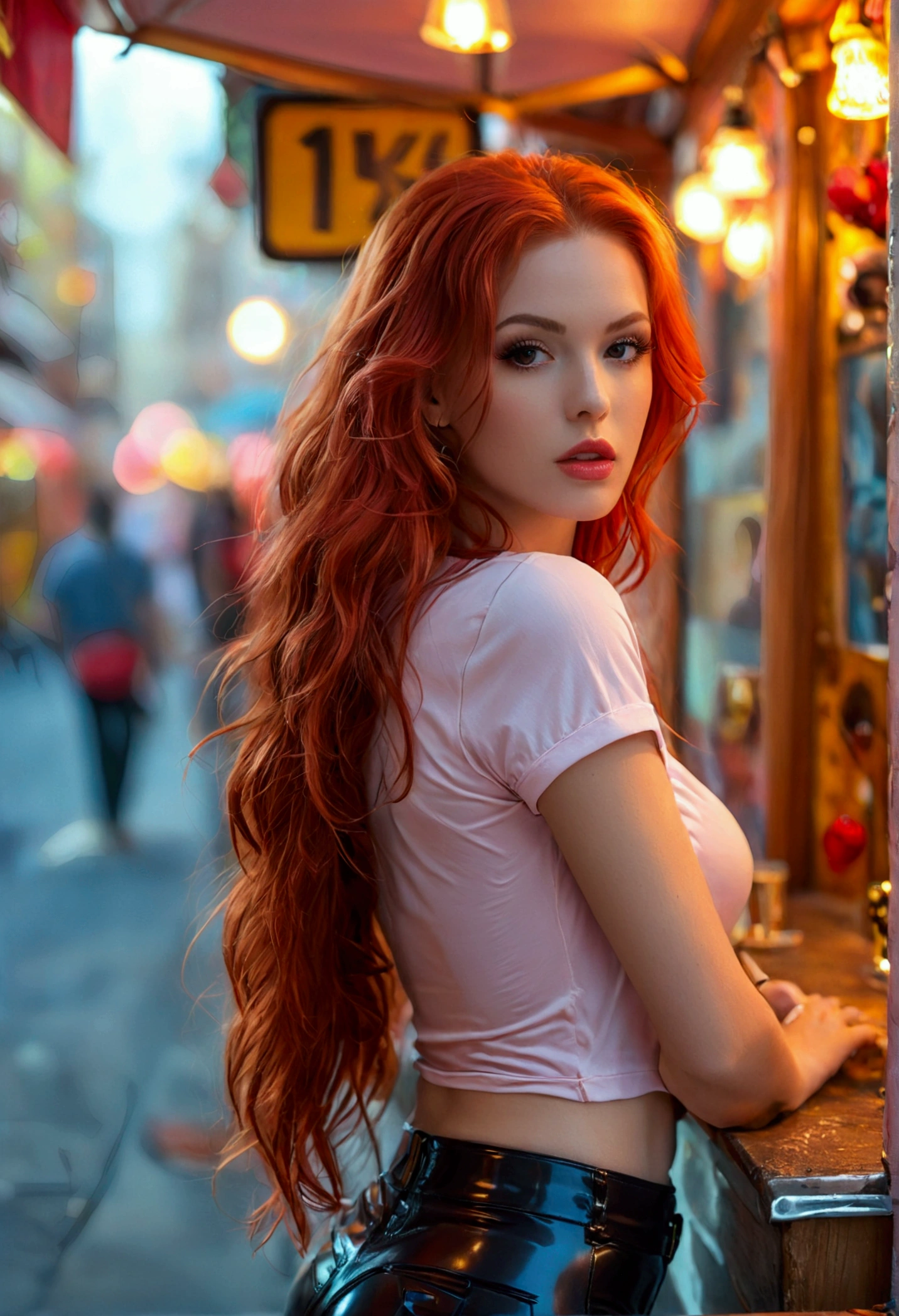 ultra realistic, photography, long red hair, girl, 24 years old, hourglass figure, perfect body, small breasts, Flirty look, extremely detailed artgerm, in the style artgerm, facing the camera, lens 35 mm, blur background, standing on the street, behind a small booth. booth sign say "Kiss 1$", she is wearing a light pink cotton lowcut tshirt and very tight black latex pants. She is leaning over the counter towards the camera