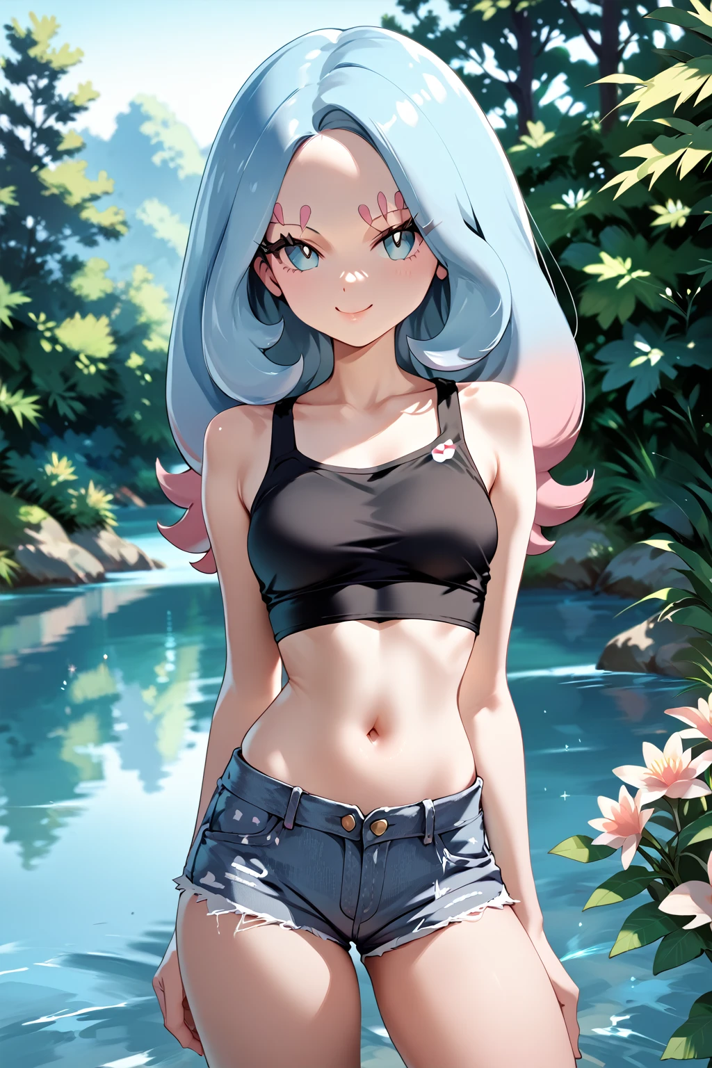 ((masterpiece,High resolution,Highest quality,8k))
(the hatters_Pokemon,Pink and light blue) (Slender figure) (Black crop top,Denim shorts,Belly button)
Background: Lake