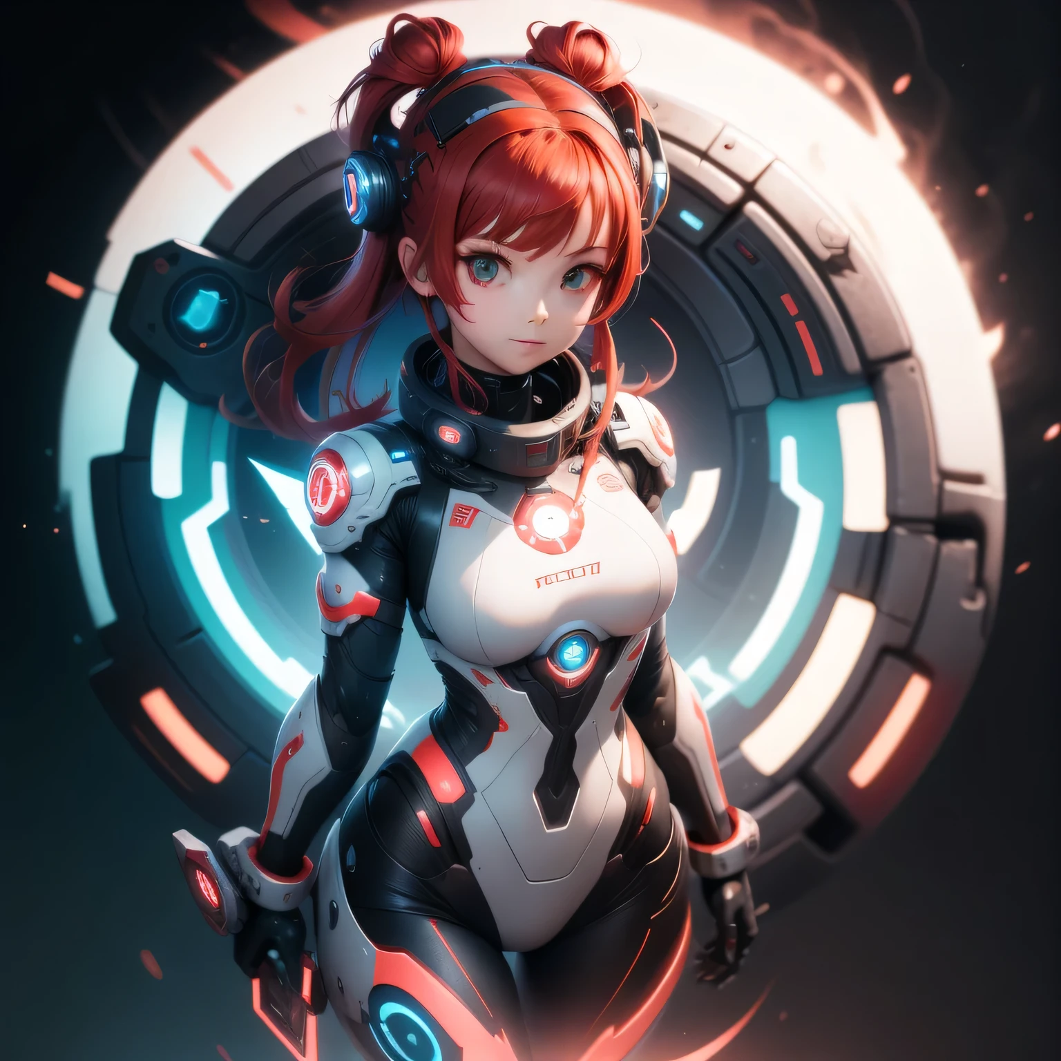 
Mechagirl,masterpiece,bestquality,1girl,redhairmediumhairtopknot,glowingeyes, red, white, full body