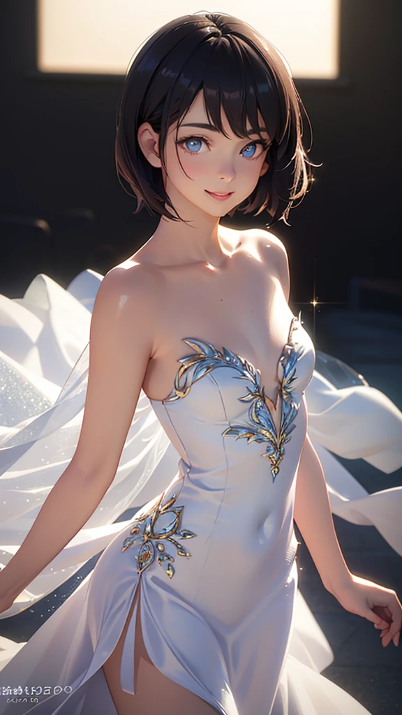 Glittering Dress, , Small breasts, Short black hair, (photoRealistic:1.4), (masterpiece, Side light, Exquisite beautiful eyes: 1.2), masterpiecePortraiture, Realistic, 3D Face, Glowing Eyes, Shiny Hair, Glowing Skin, alone, Embarrassing, (abdomen), Smile, Standing facing forward, Mouth closed, Watching the audience,