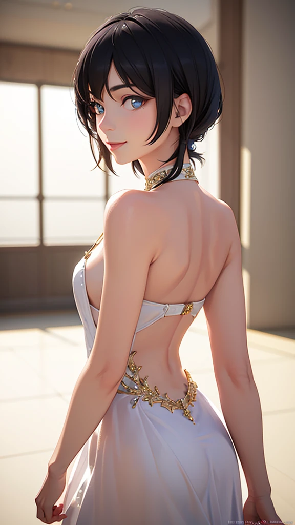 Glittering Dress, Baby Face, Small breasts, Short black hair, (photoRealistic:1.4), (masterpiece, Side light, Exquisite beautiful eyes: 1.2), masterpiece*Portraiture, Realistic, 3D Face, Glowing Eyes, Shiny Hair, Glowing Skin, alone, Embarrassing, (abdomen), Smile, Standing facing forward, Mouth closed, Watching the audience,