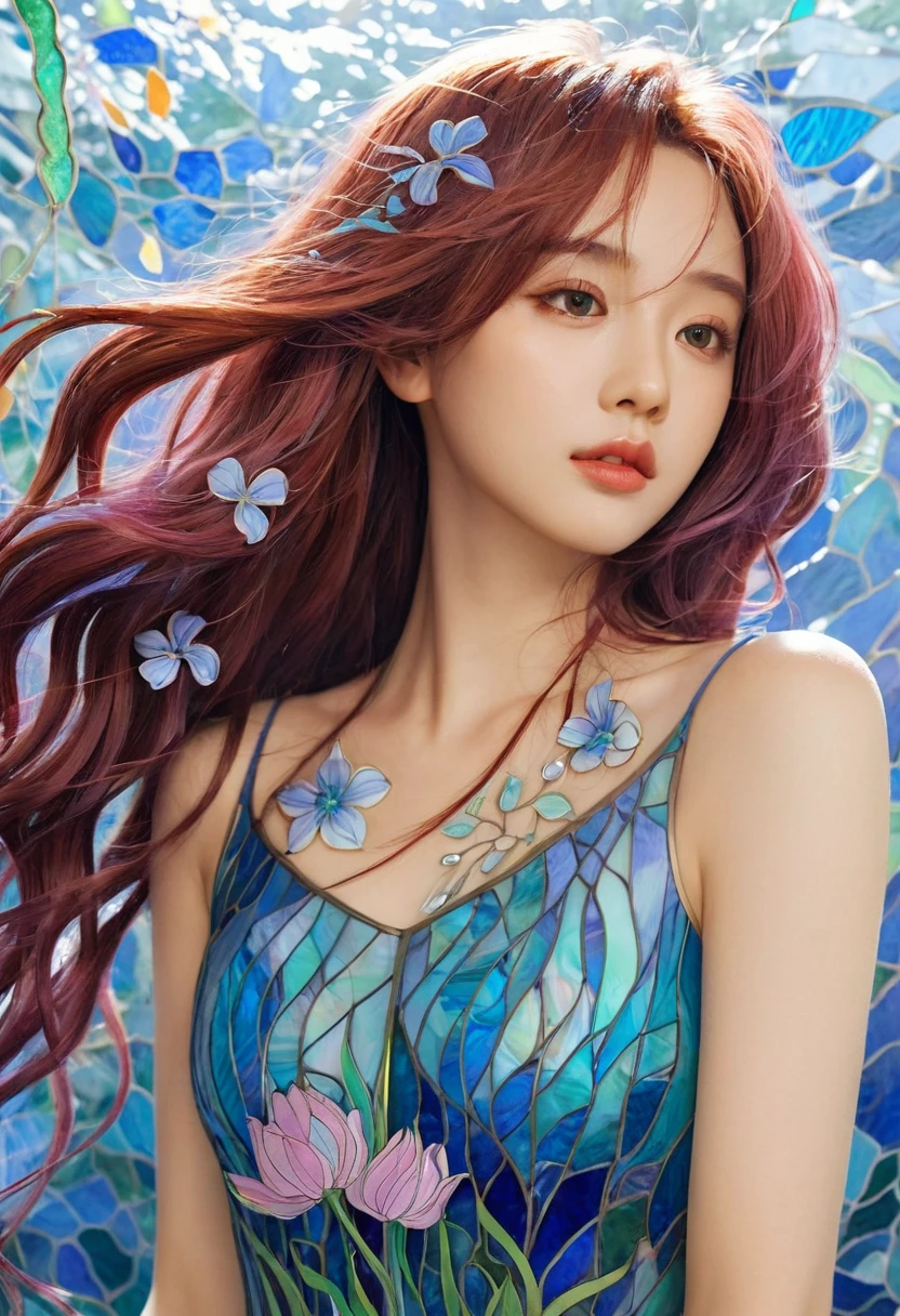 Tidal Games,Lex Ray, Color hair, wind, 飞舞的flower瓣, Stained glass, decorate, complex details, dufkova, 2D, Line Art, watercolor, ink watercolor, 随机颜Color hair, Extra long hair, Wavy, 1 Girl,alraune,flower, alraune, detailed, complex, Perfect lighting, Perfect Shadow, (Flat Color:1), (2D:1), (masterpiece, The award-winning, best quality:1.25), (Mature Adults:1.3)
