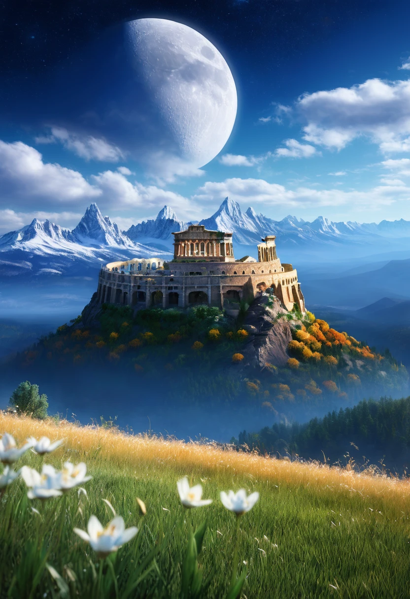 (masterpiece, illustration, best quality, detailed,high resolution:1.4), In the distance, rich and colorful, Energetic, Lush, Volumetric Lighting, Compared, , From a distance, Depth of Field , landscape, landscape painting, Concept Art, Intricate details, Programming, , partly cloudy, Moonlit night sky, fantasy, Old Kingdom City [Colosseum,sacred,cathedral] landscape, snow, Fall, , Flowering tree grass flowers ,  Rocky Mountains and forest snow in the background ,    , (fantasy魔法:1.4)