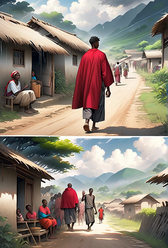 Ultra Realistic, Highly Defined Details, African tribal Family Black, Young adult 18year old leaving the village, family saying goodbye, villagers waving goodbye, Young 18 year old male, in a red cloak, Crimson Decor, Sunlight to Capturing the Mode, Young African  Villager,  sitting in shady grey area, looking sad, rain clouds, l leaving the Village, Mountains behind the Village, walking on the trail, village trail out side view walking, side perspective, leaving the village, waving goodbye, going on a journey, goodbye, has a dagger, out side of the village, outside of the village, on the trail, on the trail 