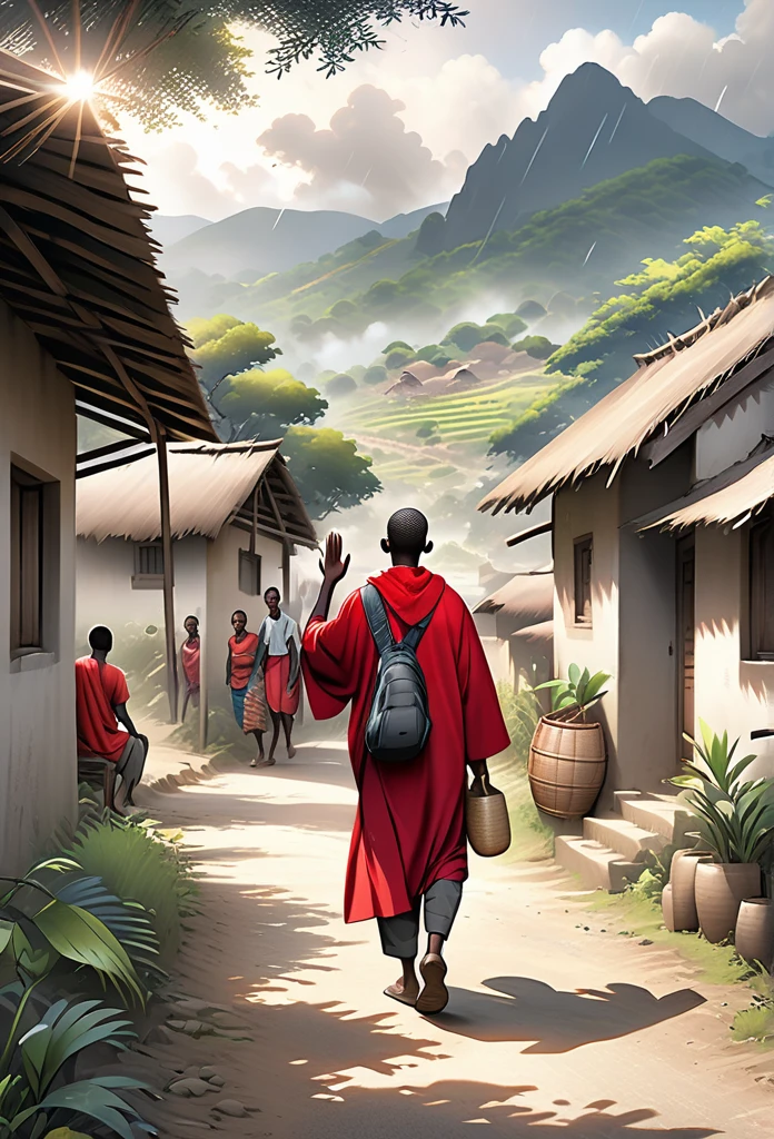 Ultra Realistic, Highly Defined Details, African tribal Family Black, Young adult 18year old leaving the village, family saying goodbye, villagers waving goodbye, Young 18 year old male, in a red cloak, Crimson Decor, Sunlight to Capturing the Mode, Young African Villager, sitting in shady grey area, looking sad, rain clouds, l leaving the Village, Mountains behind the Village, walking on the trail, village trail out side view walking, side perspective, leaving the village, waving goodbye, going on a journey, goodbye, has a dagger, out side of the village, outside of the village, on the trail, on the trail