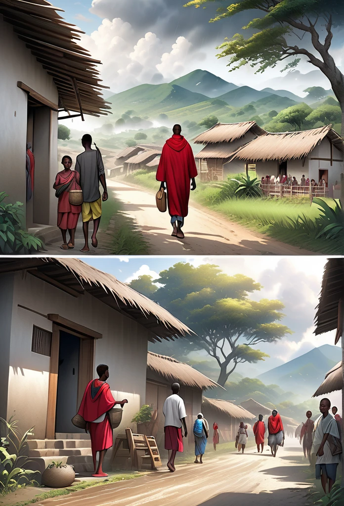 Ultra Realistic, Highly Defined Details, African tribal Family Black, Young adult 18year old leaving the village, family saying goodbye, villagers waving goodbye, Young 18 year old male, in a red cloak, Crimson Decor, Sunlight to Capturing the Mode, Young African Villager, sitting in shady grey area, looking sad, rain clouds, l leaving the Village, Mountains behind the Village, walking on the trail, village trail out side view walking, side perspective, leaving the village, waving goodbye, going on a journey, goodbye, has a dagger, out side of the village, outside of the village, on the trail, on the trail