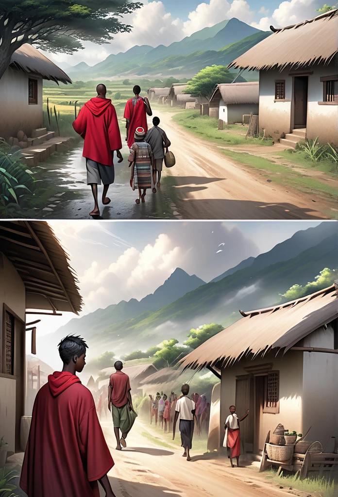 Ultra Realistic, Highly Defined Details, African tribal Family Black, Young adult 18year old leaving the village, family saying goodbye, villagers waving goodbye, Young 18 year old male, in a red cloak, Crimson Decor, Sunlight to Capturing the Mode, Young African Villager, sitting in shady grey area, looking sad, rain clouds, l leaving the Village, Mountains behind the Village, walking on the trail, village trail out side view walking, side perspective, leaving the village, waving goodbye, going on a journey, goodbye, has a dagger, out side of the village, outside of the village, on the trail, on the trail