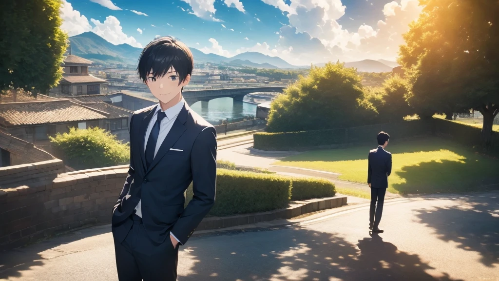 Guts pose Under the blue sky smile The whole body is visible high quality office Street suit Young Man