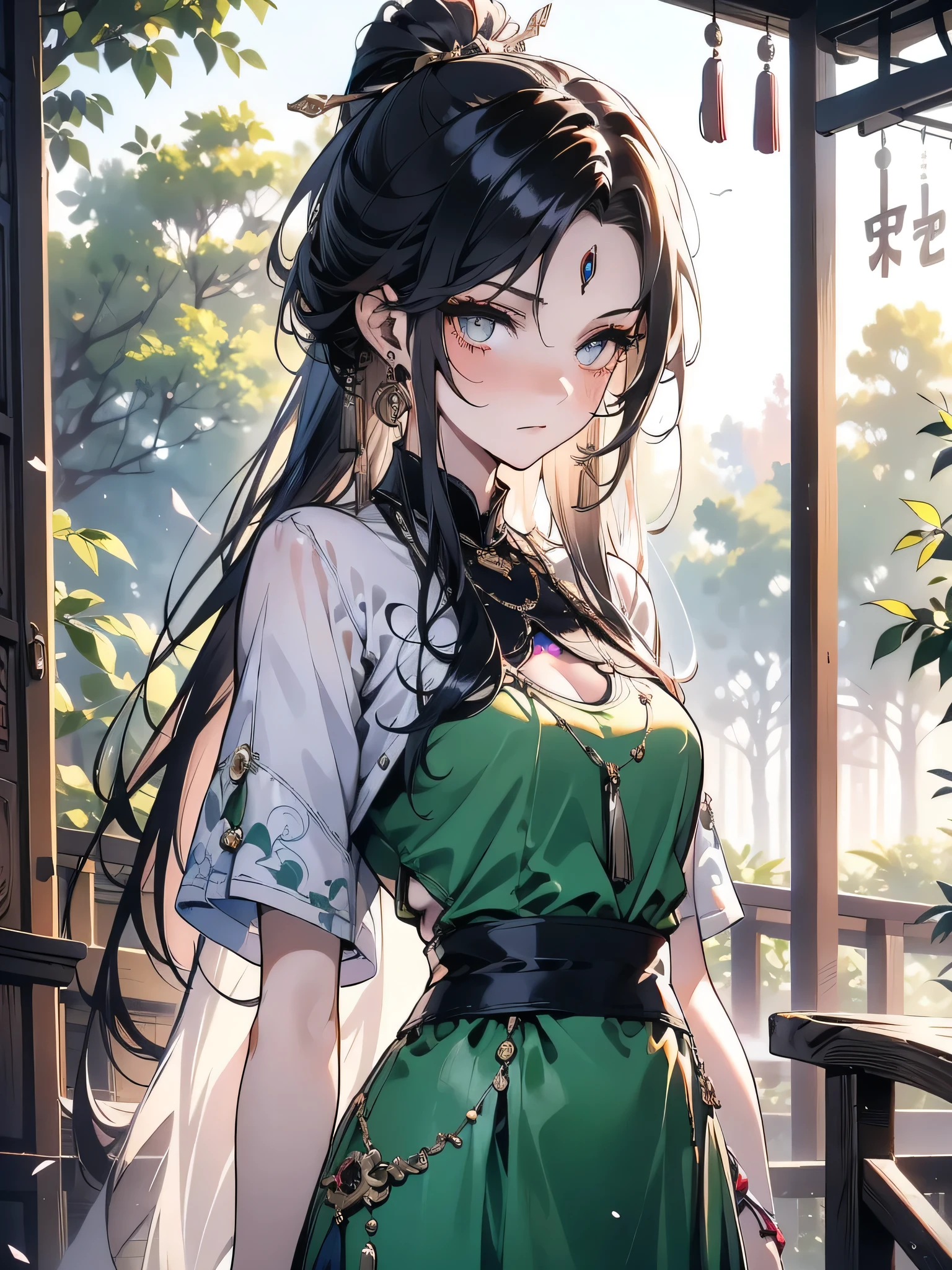 {{{masterpiece}}}, {{{best quality}}}, {{Extremely detailed}}, {light}, {illustration}, {Beautiful and delicate eyes}, {1 Girl}, Extremely detailed, 1 Girl, Solitary,, Black hair tied into a long ponytail, Wear a graceful figure, For the audience, outdoor, Woodland Background, Very detailed face and clothing, Slightly narrowed eyes, Perfect face, White skin, Hair bangs, Long hair, Noble and beautiful, Surreal 8K, CG, Flawless, Seductive expression, Intricate details, 22-year-old girl wearing chiffon Chinese long skirt, Best quality, Realistic photos,Light green dress, beautiful hairpins and jewelry hanging in the hair