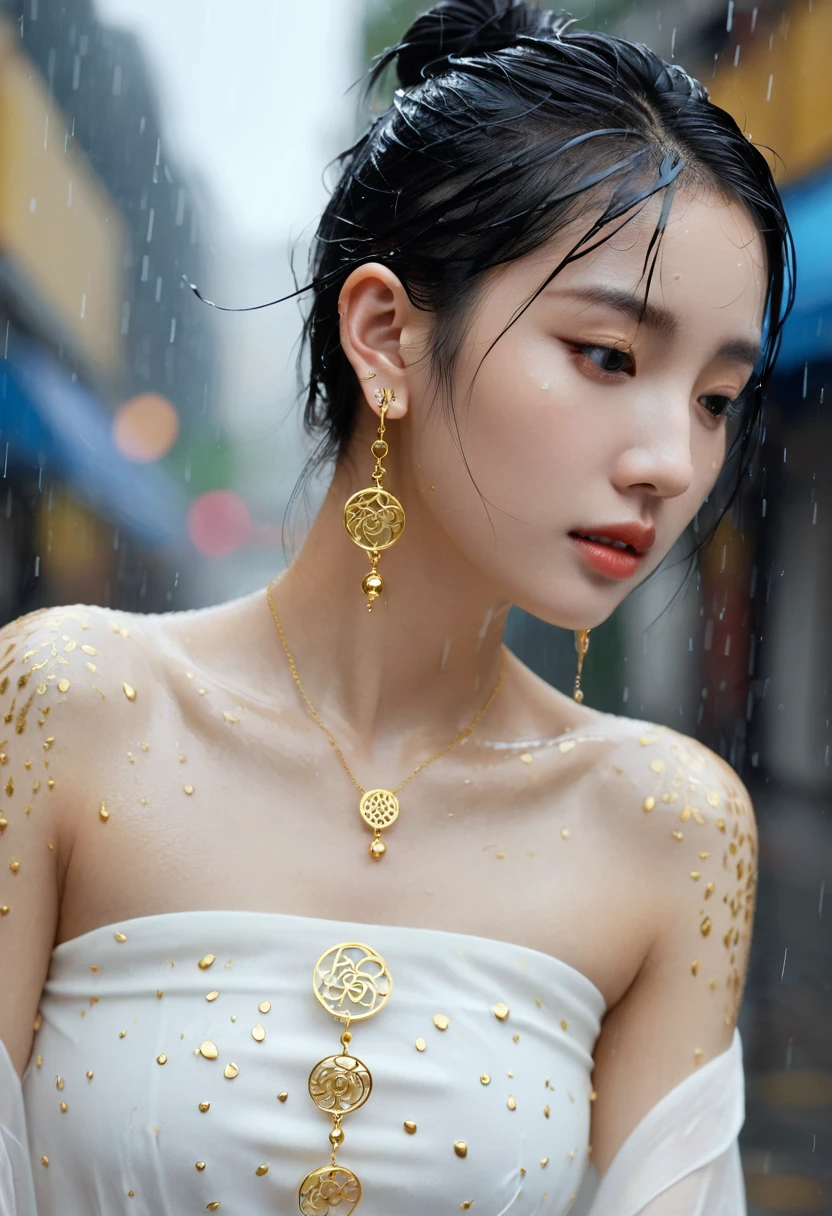 Gold Tattoo,Girl with gold earrings in the rain, Using VRay tracking style, Martin, yuumei, Inverted, close up, Dark white and gold, sketch, masterpiece, best quality,