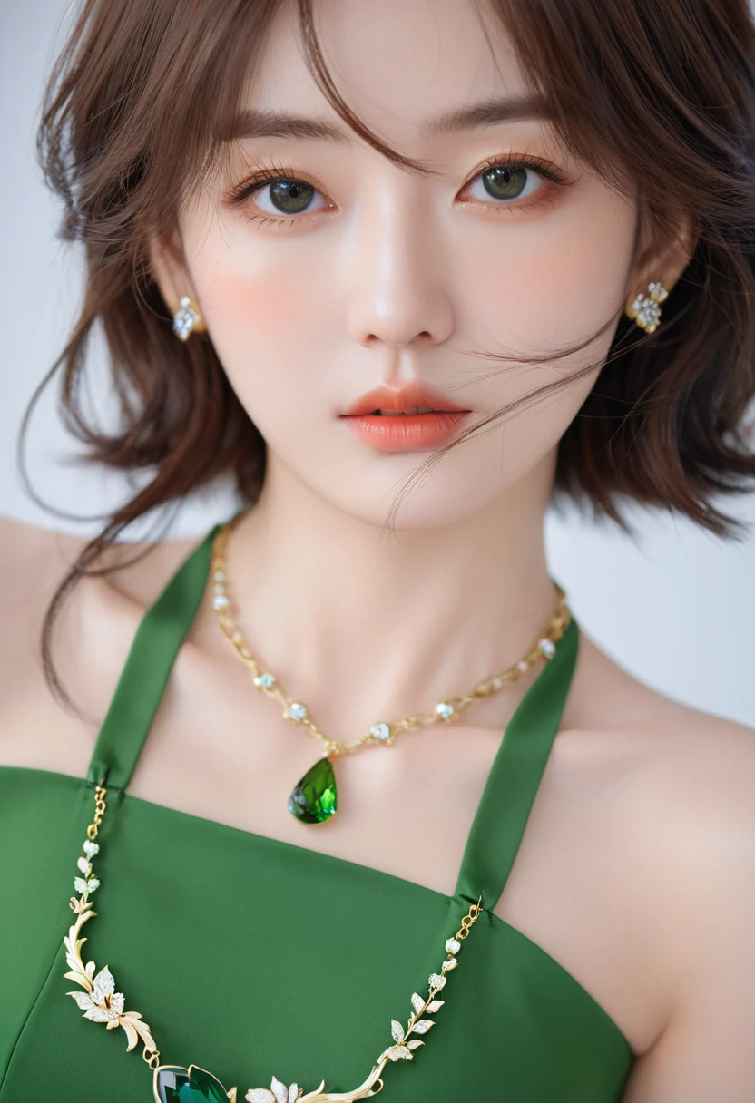 A woman in a green dress、Close-up of woman wearing necklace, guweiz style artwork, Realistic anime 3D style, Beautiful anime portrait, Anime realism style, Detailed portrait of anime girl, Beautiful character painting, author：Yang J, Stunning anime face portraits, Realistic anime art style, Portrait of anime girl, Beautiful anime style