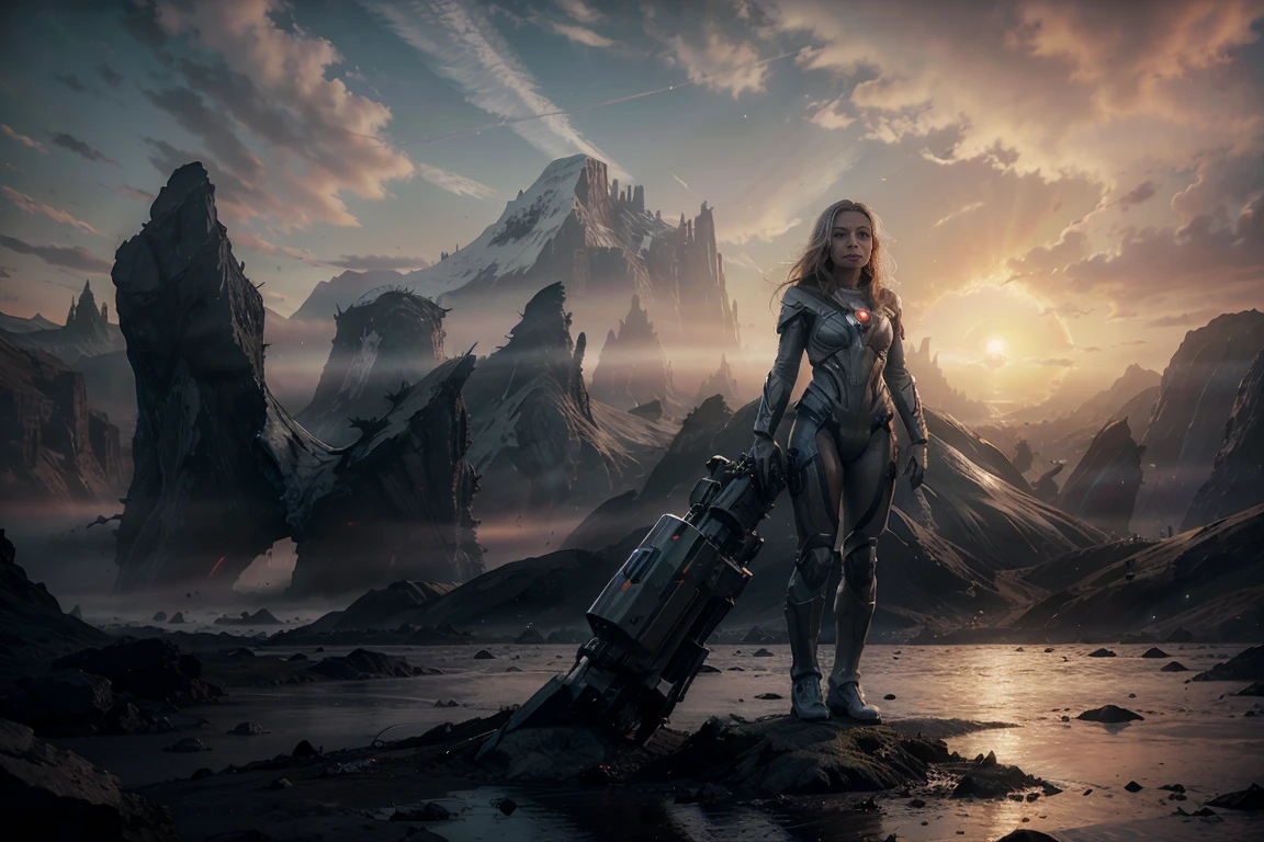 A beautiful girl, wearing a silver spacesuit, standing on an endless surface of water, floating mist, holding a large ion gun in both hands, mountains in the background, no frontal fill light, dark light, rich in detail Inspired by the movie Alien prequel Prometheus, (((sunset)))