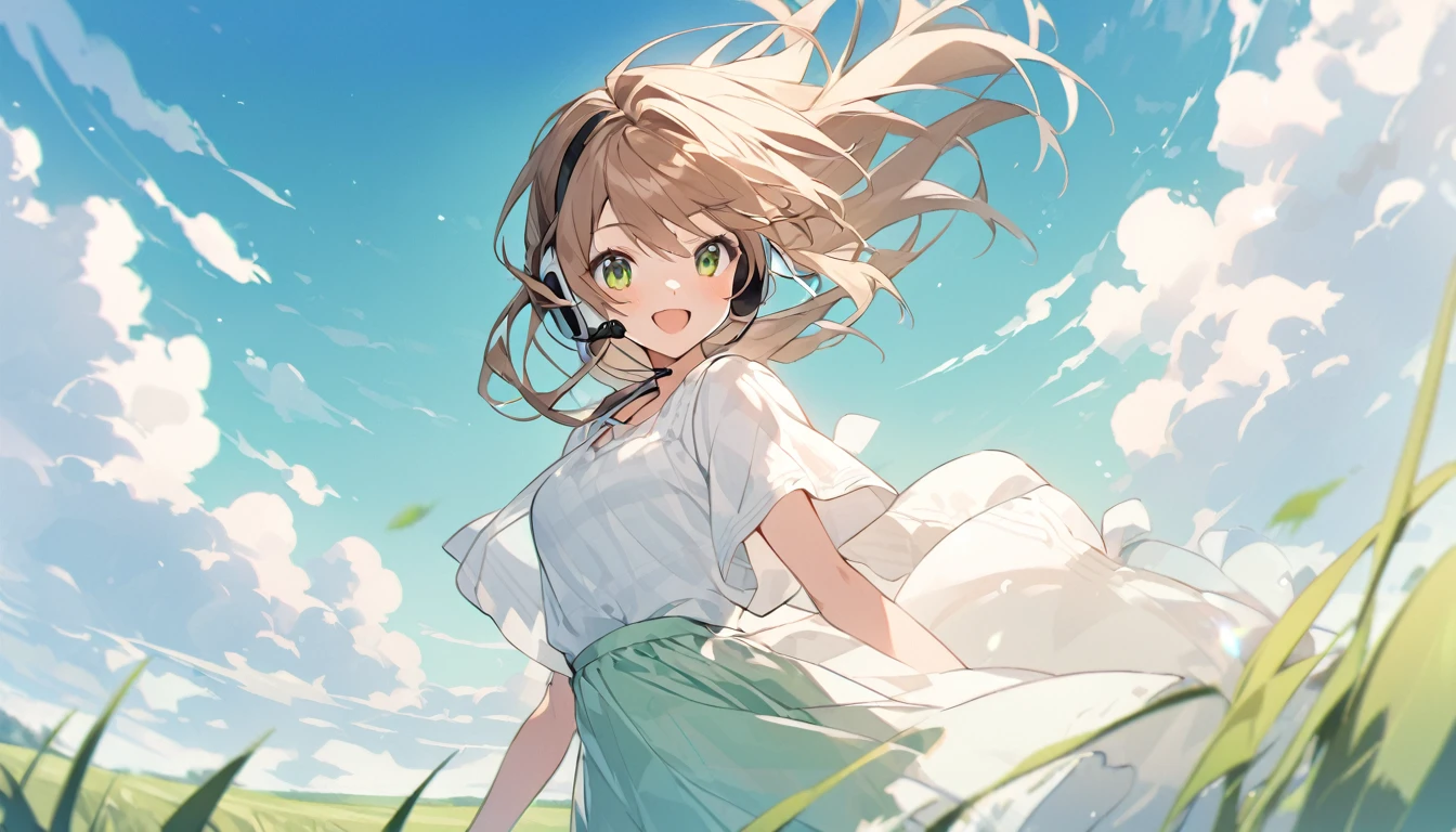 Brown-haired girl wearing headphones、Green grassland - breezy grassland background、A happy look、Light summer clothing、Holding down the hem of the skirt