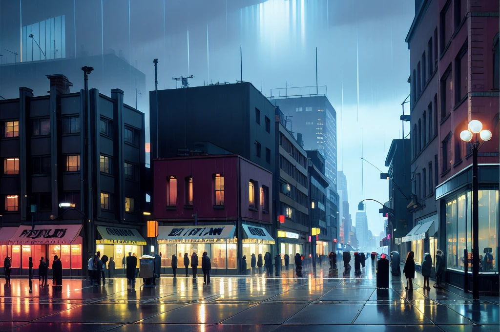 painting of a city street with cars and people walking on the sidewalk, rainy night city street, futuristic city street, beautiful cityscape, rainy urban streets, rainy city at night, city at night in the rain, rainy street, street city night, fantasy cityscape, beautiful oil matte painting, concept art oil painting, oil on canvas. cinematic, rainy cyberpunk city