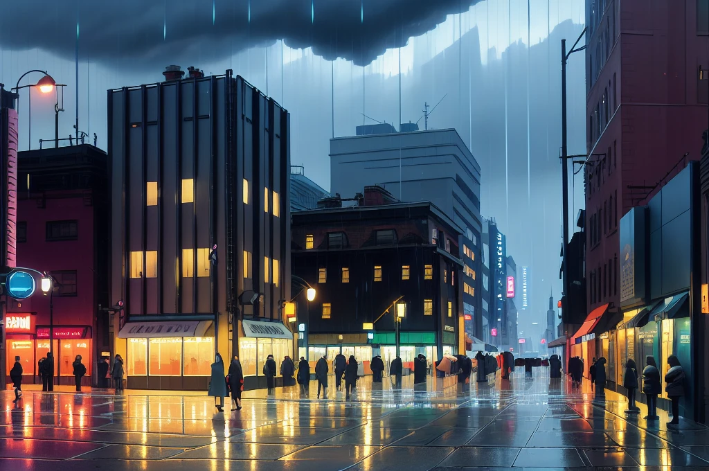 painting of a city street with cars and people walking on the sidewalk, rainy night city street, futuristic city street, beautiful cityscape, rainy urban streets, rainy city at night, city at night in the rain, rainy street, street city night, fantasy cityscape, beautiful oil matte painting, concept art oil painting, oil on canvas. cinematic, rainy cyberpunk city