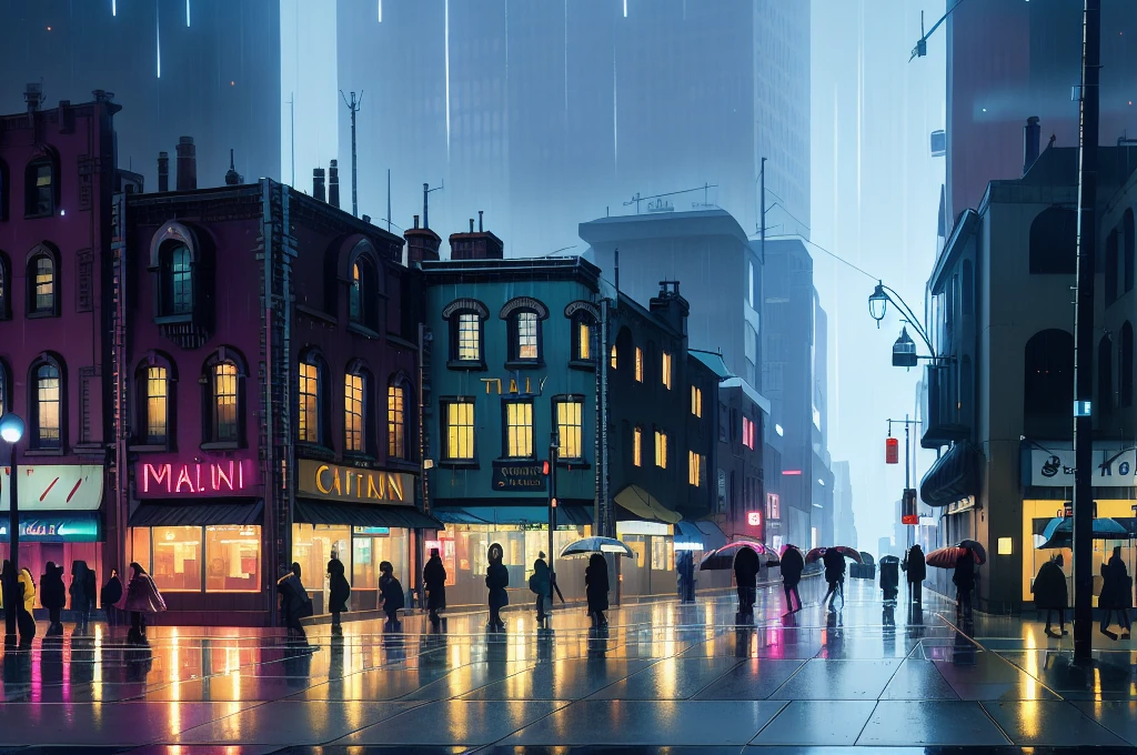 painting of a city street with cars and people walking on the sidewalk, rainy night city street, futuristic city street, beautiful cityscape, rainy urban streets, rainy city at night, city at night in the rain, rainy street, street city night, fantasy cityscape, beautiful oil matte painting, concept art oil painting, oil on canvas. cinematic, rainy cyberpunk city