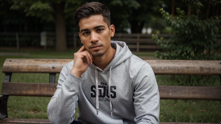Unknown man on hoodie by the bench