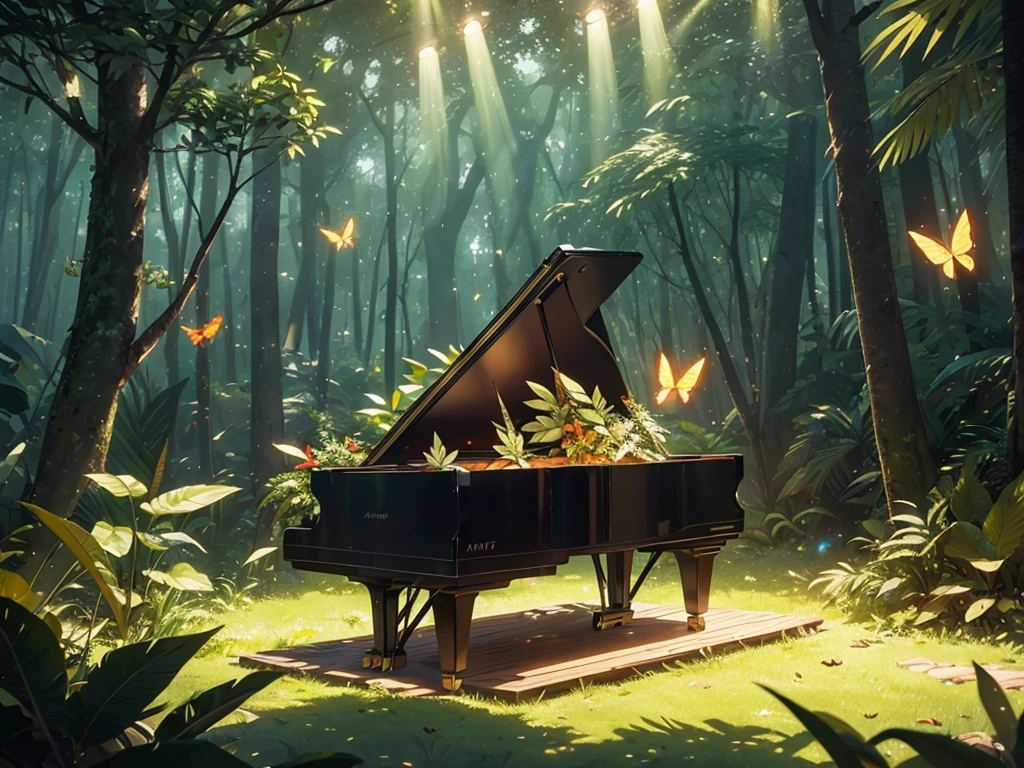 A Shineing white piano,no characters needed,forest,Tall tree々, fire Fly,Small animal star, the Highest quality, Best reflection ever. (Very detailedCG統合8k壁紙), (Highest quality), (Best illustrations), (Best Shadow), forest theme with Natural elements. small Shineing mushrooms surrounded by delicate leaf and branch, with fire Fly and Shineing Particle Effects,, (Natural elements), (Jungle theme), (leaf), (branch), (fire Fly), butterfly, (delicate leaf), (Shine), (Particle Effects). , Isometric 3D, Octane Rendering, Ray Tracing, Very detailed