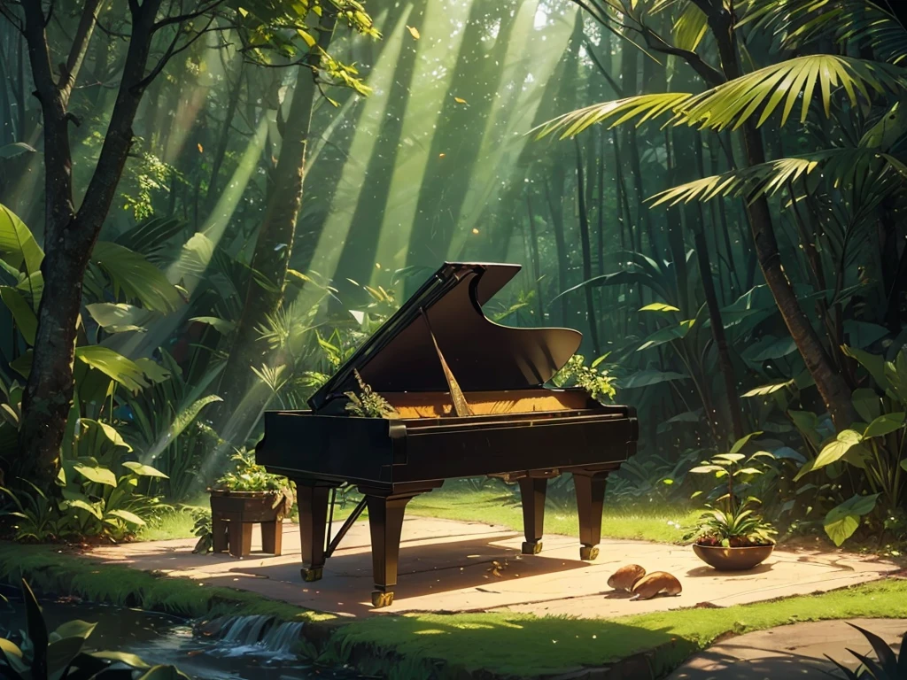 A Shineing white piano,no characters needed,forest,Tall tree々, fire Fly,Small animal star, the Highest quality, Best reflection ever. (Very detailedCG統合8k壁紙), (Highest quality), (Best illustrations), (Best Shadow), forest theme with Natural elements. small Shineing mushrooms surrounded by delicate leaf and branch, with fire Fly and Shineing Particle Effects,, (Natural elements), (Jungle theme), (leaf), (branch), (fire Fly), butterfly, (delicate leaf), (Shine), (Particle Effects). , Isometric 3D, Octane Rendering, Ray Tracing, Very detailed