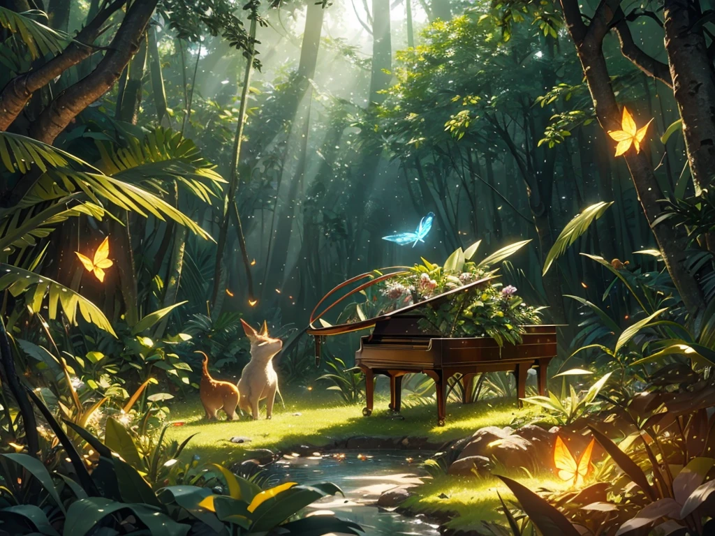 A Shineing white piano,no characters needed,forest,Tall tree々, fire Fly,Small animal star, the Highest quality, Best reflection ever. (Very detailedCG統合8k壁紙), (Highest quality), (Best illustrations), (Best Shadow), forest theme with Natural elements. small Shineing mushrooms surrounded by delicate leaf and branch, with fire Fly and Shineing Particle Effects,, (Natural elements), (Jungle theme), (leaf), (branch), (fire Fly), butterfly, (delicate leaf), (Shine), (Particle Effects). , Isometric 3D, Octane Rendering, Ray Tracing, Very detailed
