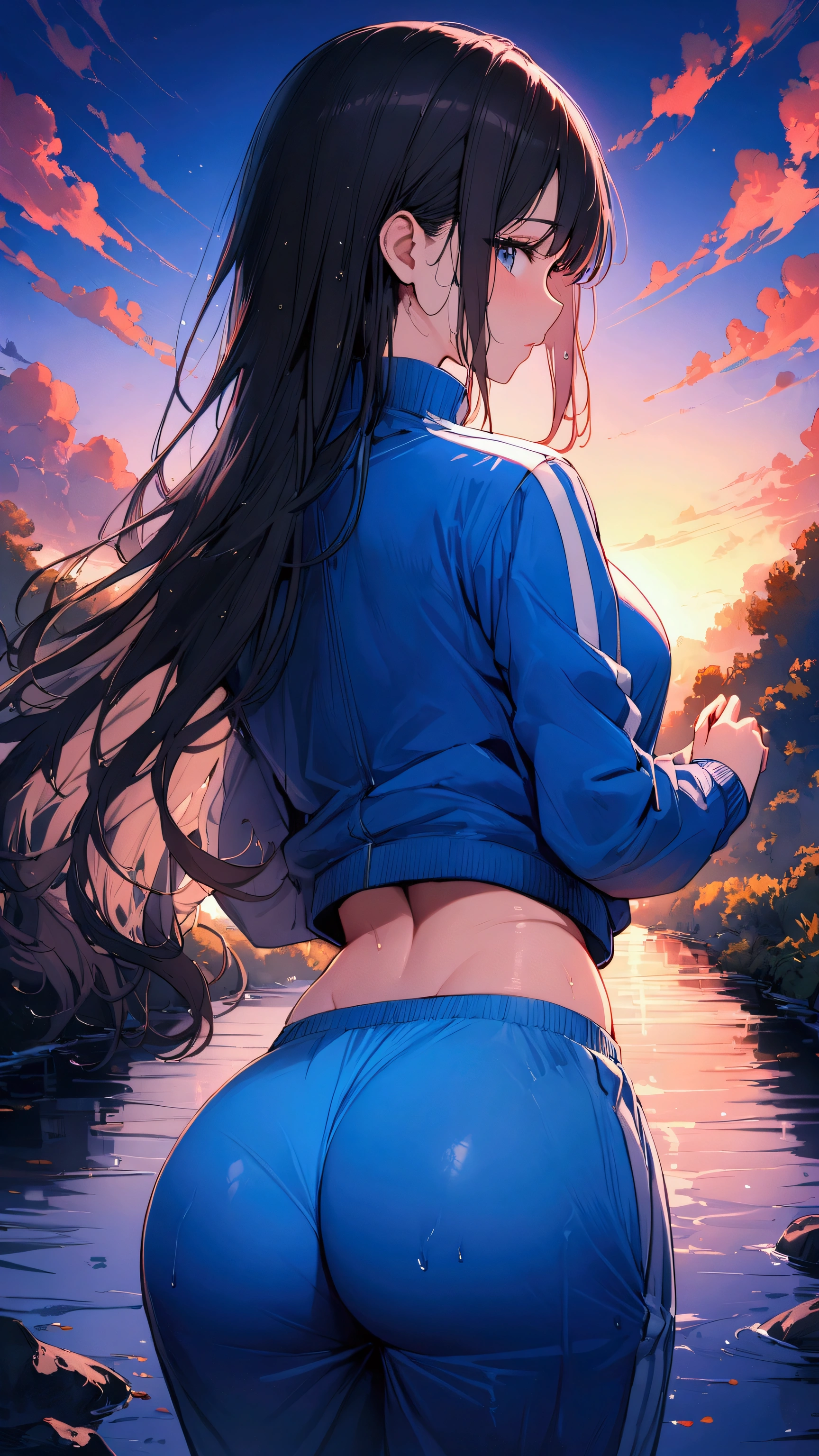 masterpiece, Highest quality, Ultra-high resolution, (beautiful girl: 1.3), Black Hair, Straight hair、short hair、Looks like a 、 (Blue sweatpants: 1.2), (The jacket is a blue track jacket.: 1.2), back view、Big and shapely ass、A waterway with a dazzling sunset、A little wet、Focus on the big, beautifully shaped butt