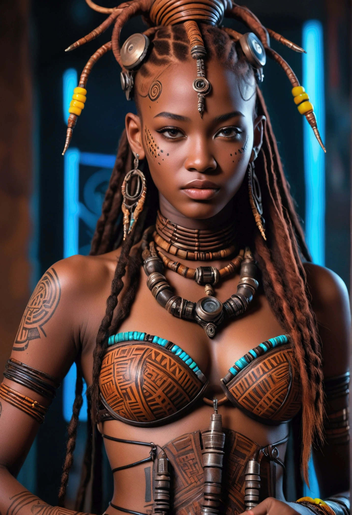 ((A full body portrait)) of a black African woman with deep ebony skin, the photograph captured in stunning 8k resolution and raw format to preserve the highest quality of detail. The woman's beauty is undeniable, a serious and threatening look. She wears a black battle outfit with gold details and some animal fur adornments that complement her imposing pose, all portrayed with meticulous attention to detail, showing the strength within her. The photograph is taken with a lens that frames your entire body, challenging your gaze, and the backdrop is a rustic, bright environment that highlights the vibrant colors of the scene. The lighting and shadows are expertly crafted to highlight the richness of her skin tone and the subtle nuances of her features. Her dreadlock-style hair, with distinct shade variations, adds a touch of warmth and contrast to her ebony skin. The interior setting adds a sense of hostility, while the freckles and tattoos on her skin tell their own story. The overall composition captures her essence with authenticity and grace, creating a portrait that is a celebration of her warrior heritage and beauty. Photography by defiance512, using the best shadow and lighting techniques, to create a mesmerizing portrait that transcends the visual.