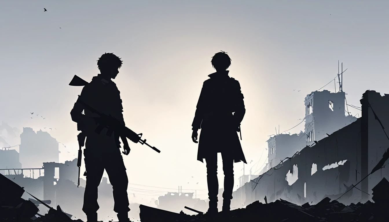 High-resolution anime digital art, Genderless Man, Civilian, War Survivor, Ruin background, minimalist black silhouette, clean white background, high resolution, digital art, vector illustration, black and white color palette