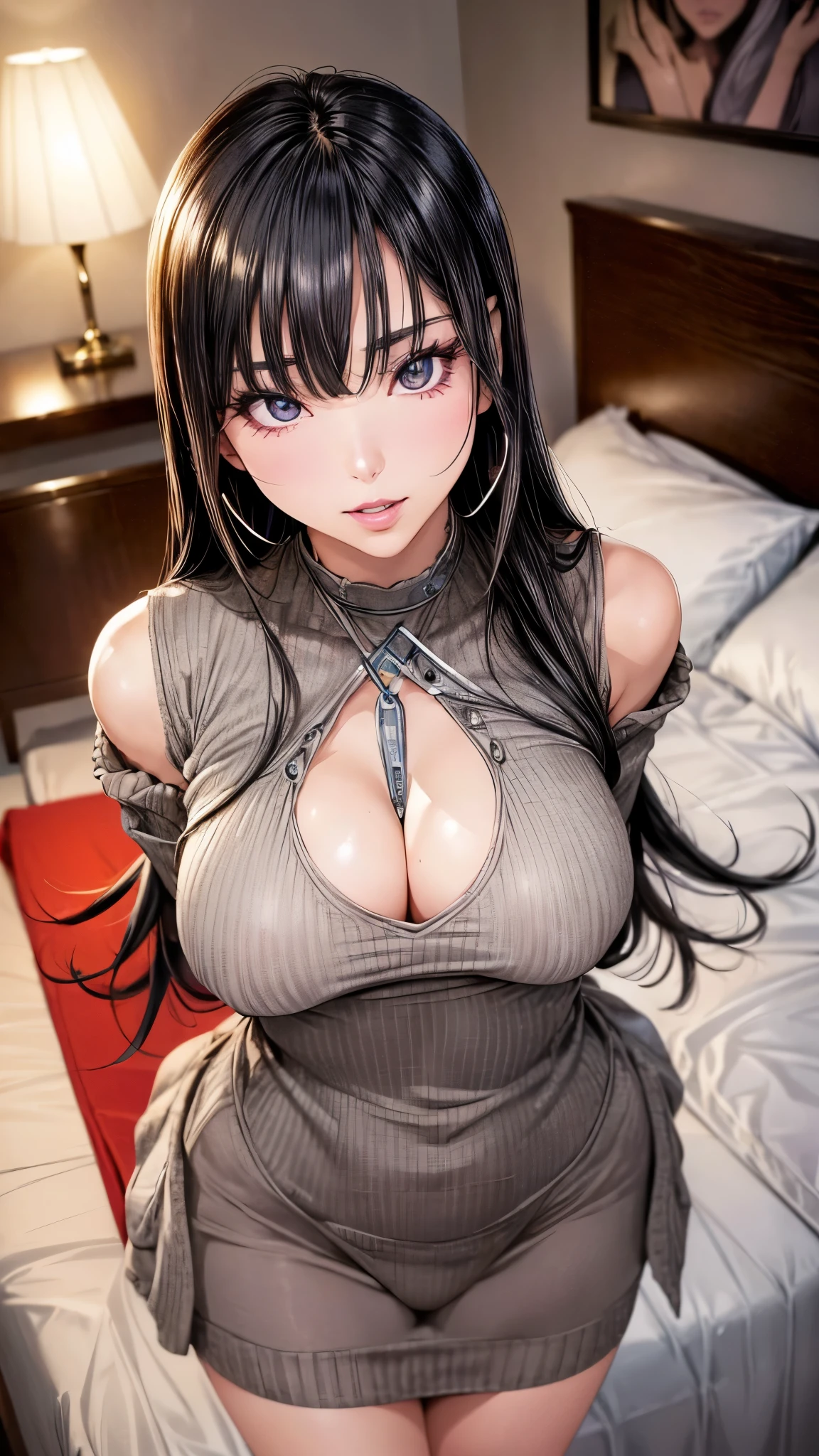 (from above,Looking up at the audience,eye focus:1.5),(Ideal body proportions:1.4),(best quality、High Detail:1.1、Very attractive adult beauty、Add strong highlights to your eyes、backward、Looking Back、Beautiful woman full of adult charm、Perfect anatomical structure、Yinting、Long hair、Shiny hair、Lip Gloss),1 girl, Solitary, Practical、Tilt your head slightly, short and Shiny hair、 knitted sweater、Stylish silencer,Bangs、big eyes、eyelash、Face a little red、Embarrassing)、((sit,hotel、on the bed))、big eyes、Give students strong highlights、(, sagging:1.5}、Very large detailed breastbeautiful beauty、Please prick up your ears、long neck、Smile、beautiful teeth、Open mouth smile、Heart shaped eyes))、(30 years old、Very cute super model:1.2)、High、 (Put your hands behind your back:1.5),(Sculpting pose、whole body:1.2)