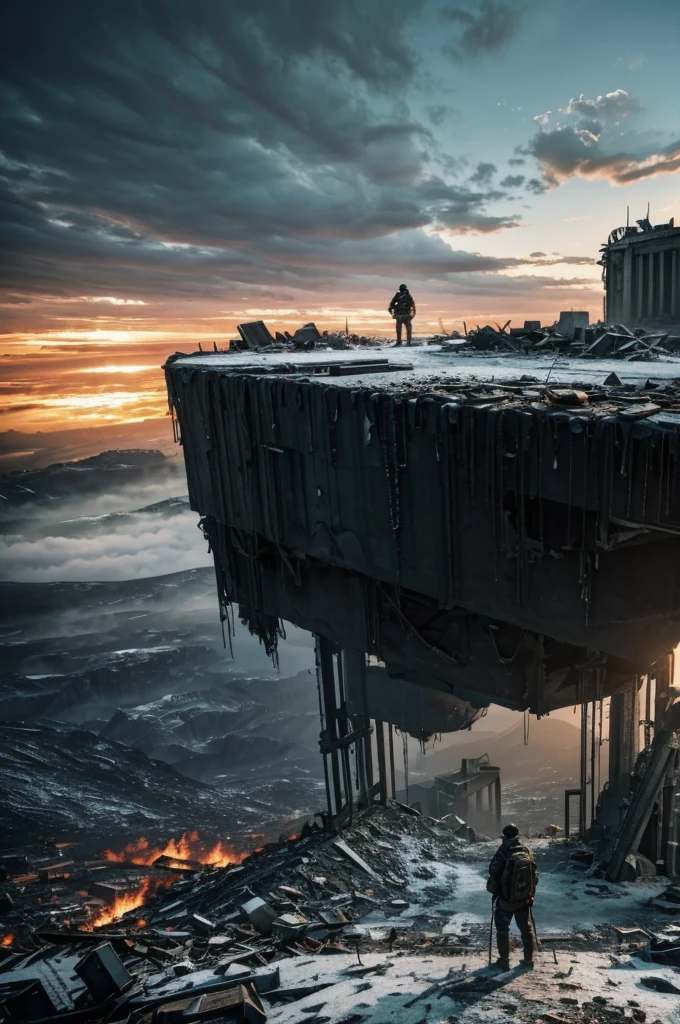 Winter post apocalyptic landscape with ruins and debris, in the middle stands a man in warm clothes and backpack looking into the distance. On top of imagine is dripping black letters "PROJECT JUNE". 8k